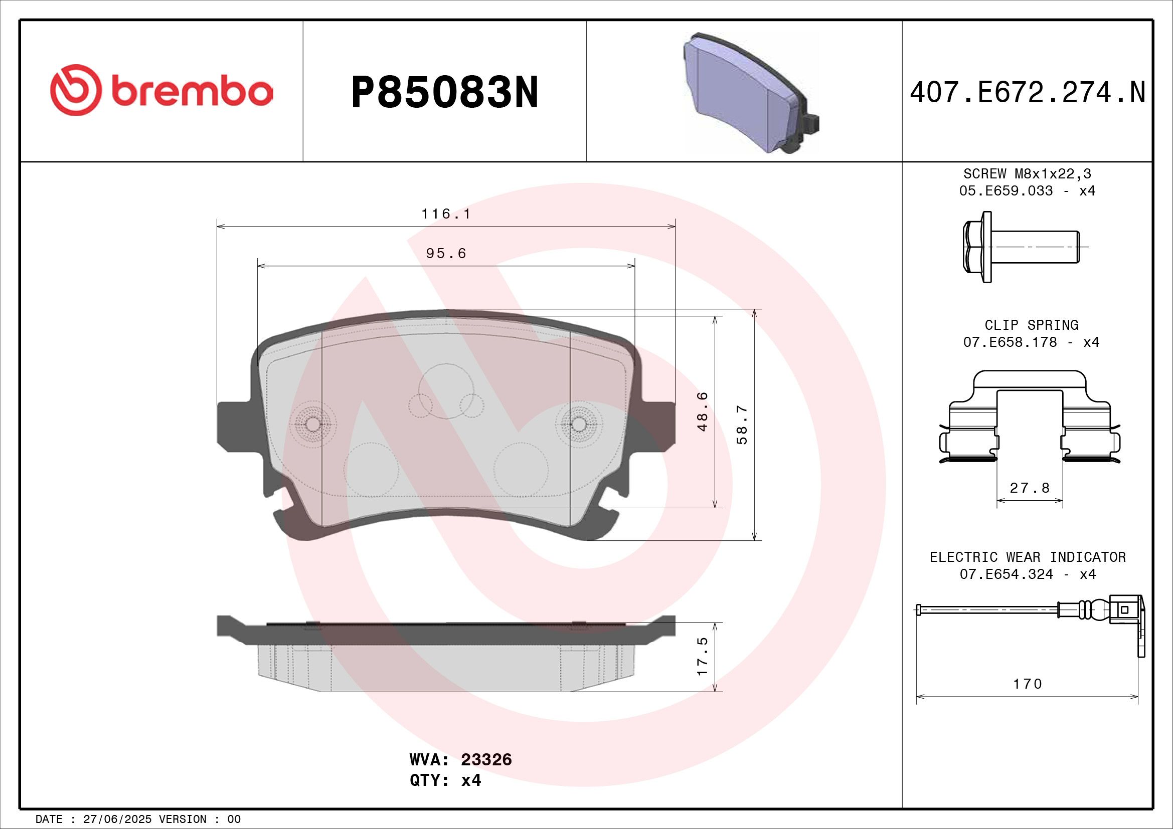 BREMBO DISC PAD -  VW MULTIVAN T5 05-10 (RR) *2 W/Sensor - TecDoc 2