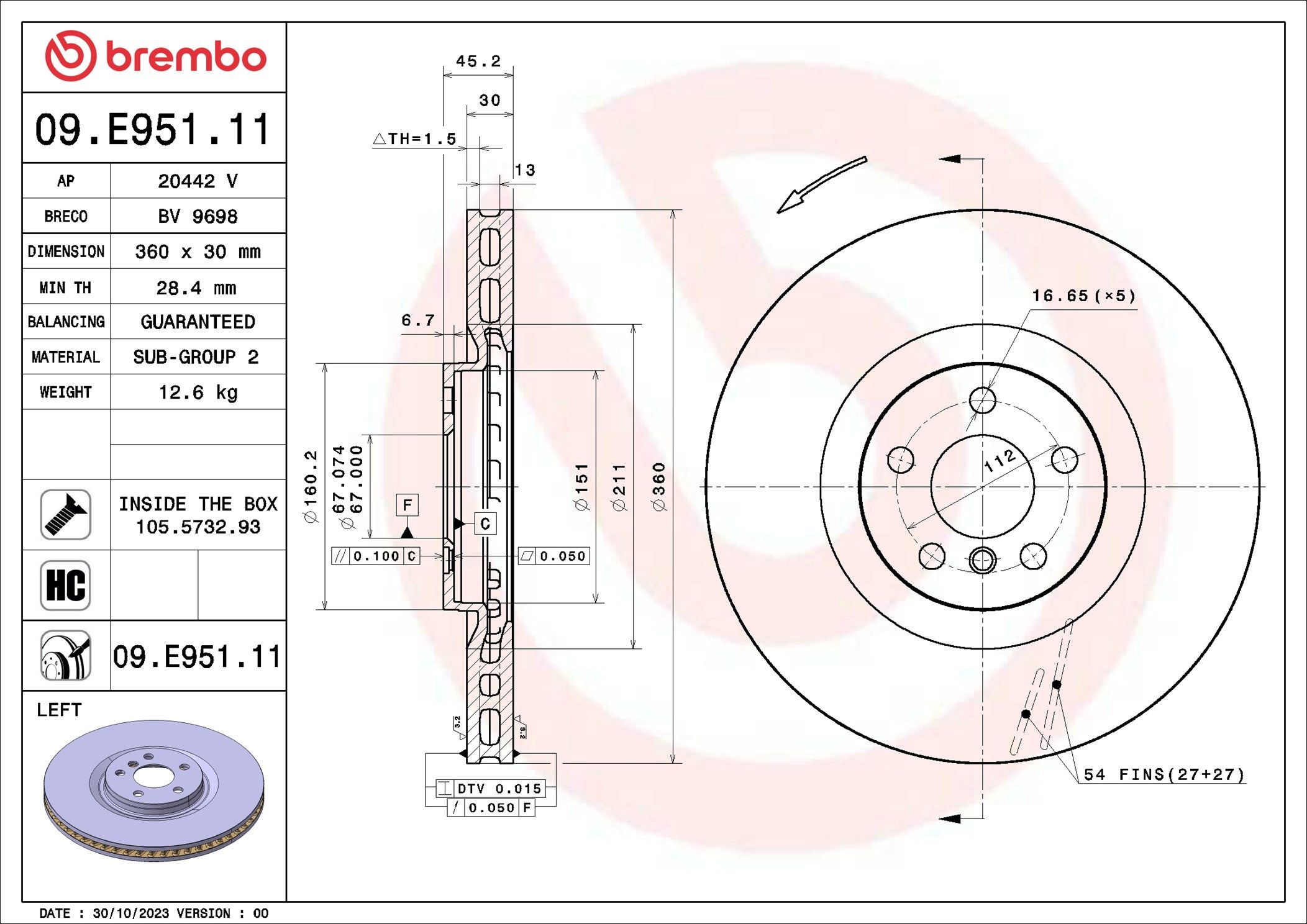 09.E951.11 BREMBO PRIME LINE - UV Coated féktárcsa