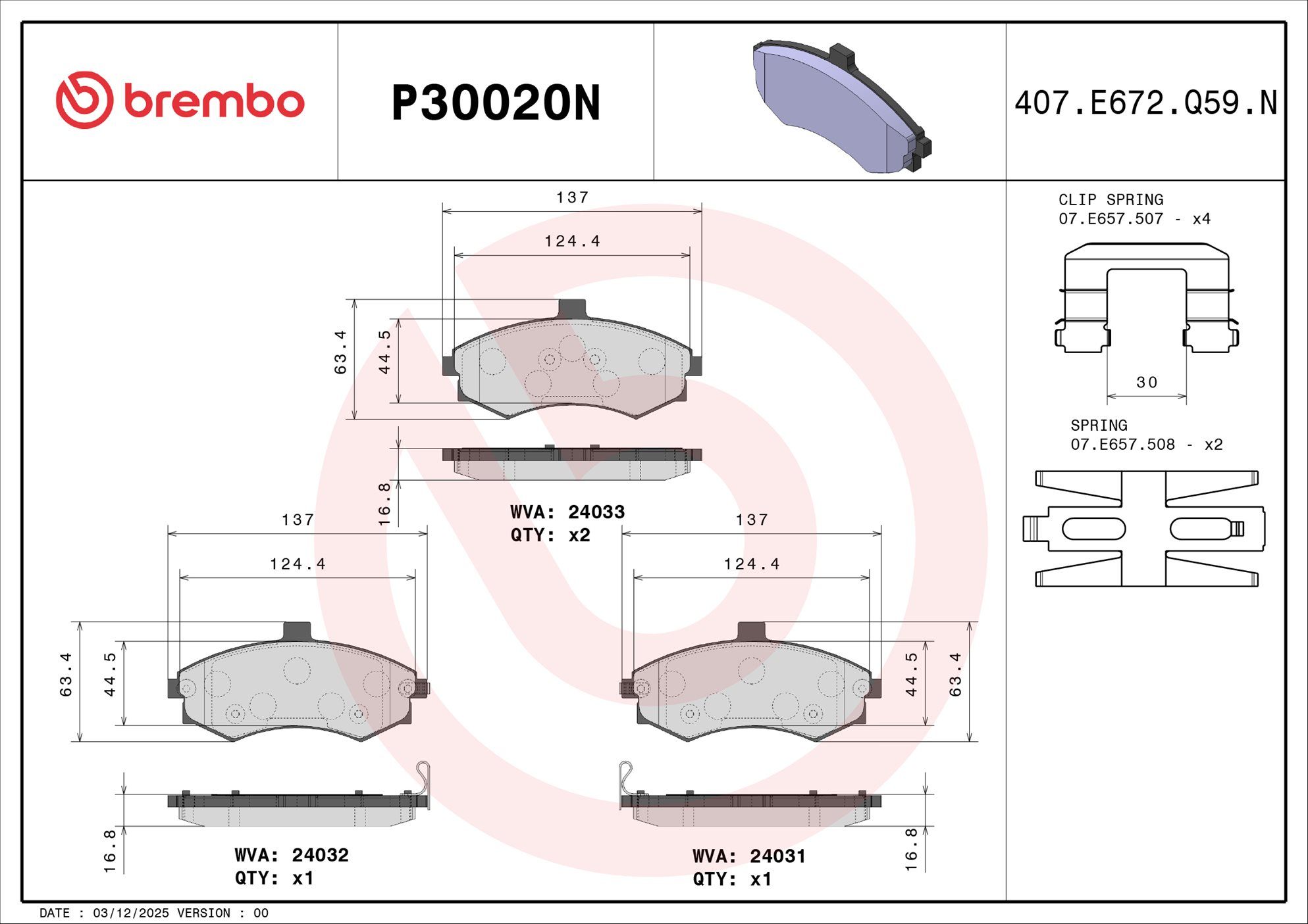 BREMBO DISC PAD -  HYUNDAI ELANTRA XD 03-07 (FRT) - TecDoc 2