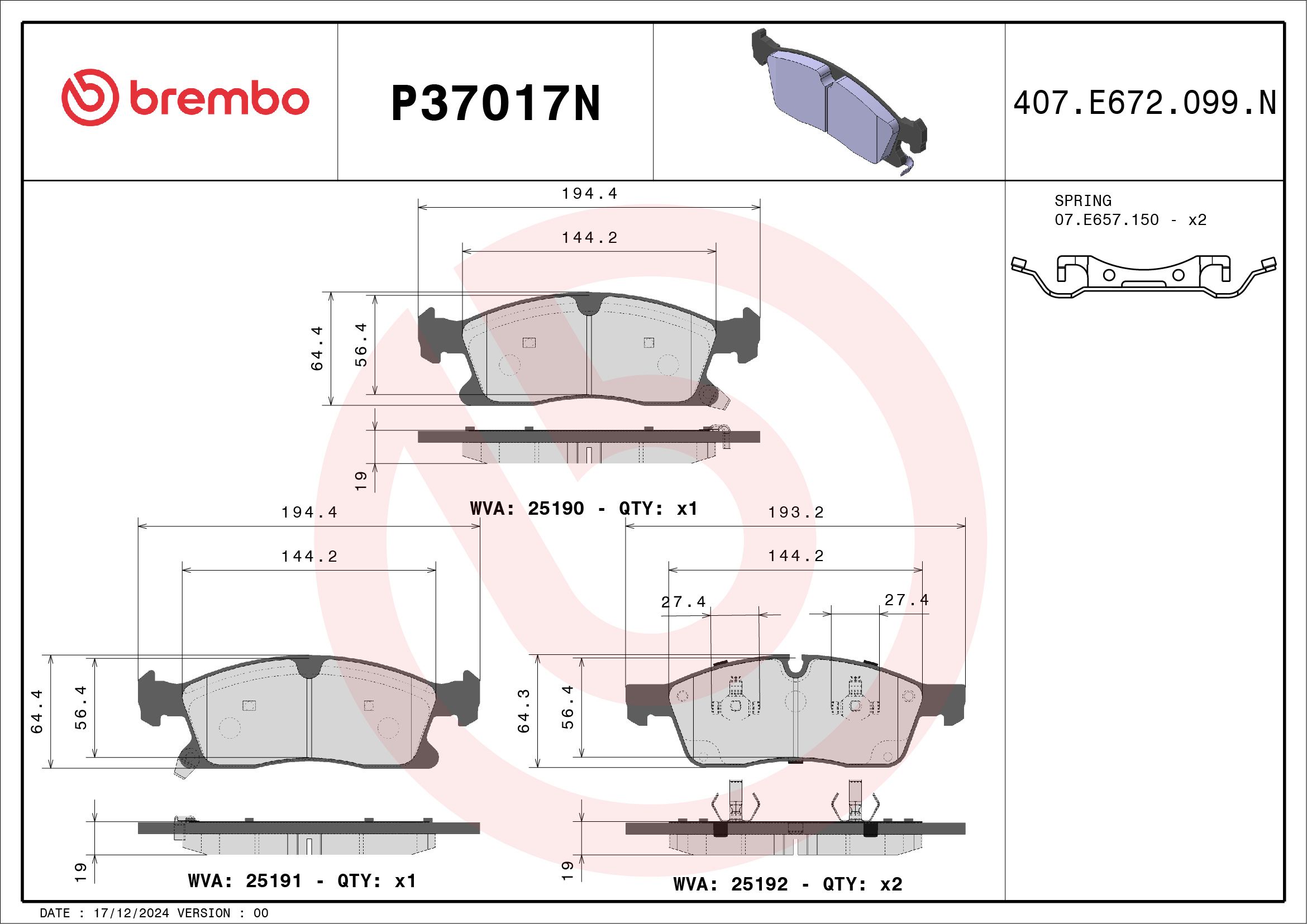 BREMBO DISC PAD -  JEEP GRAND CHEROKEE WK 17- (FRT) - TecDoc 2