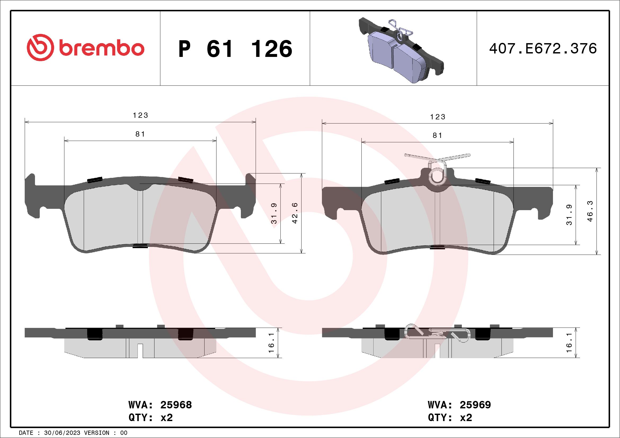 Brake Pad Set, disc brake P 61 126