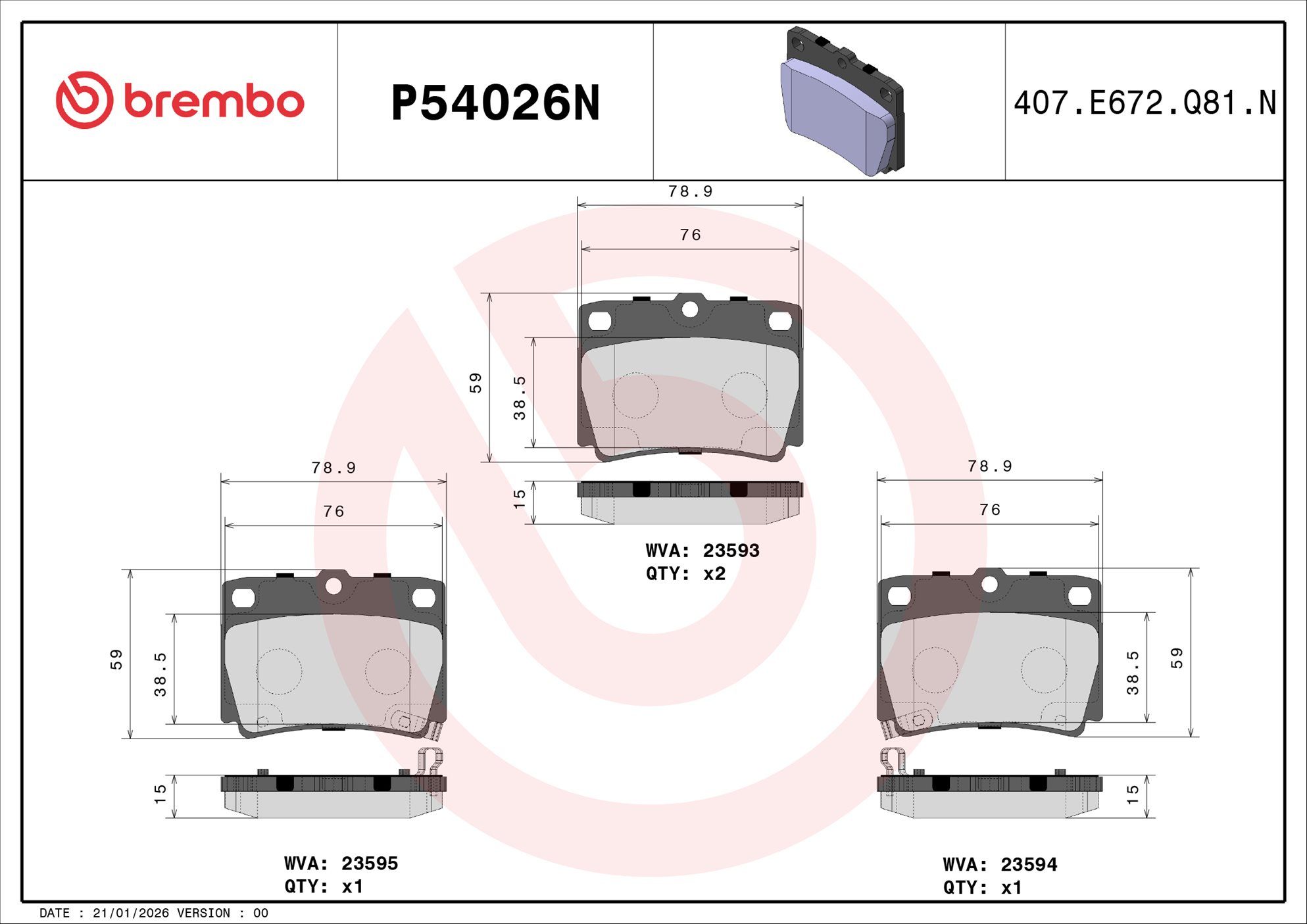 BREMBO DISC PAD -  MITSUBISHI PAJERO SPORT QE, QF 15- (RR) - TecDoc 2