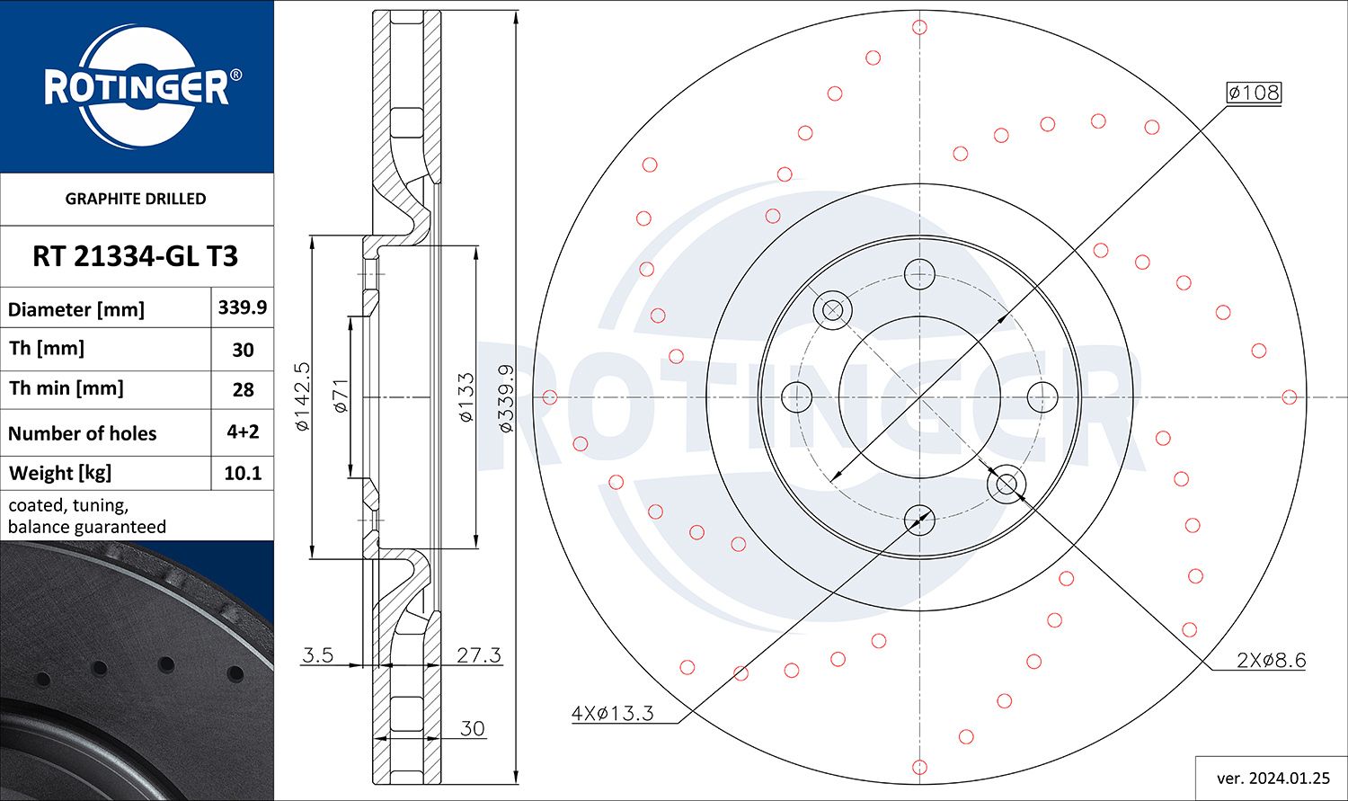 RT 21334-GL T3 ROTINGER GRAPHITE DRILLED féktárcsa