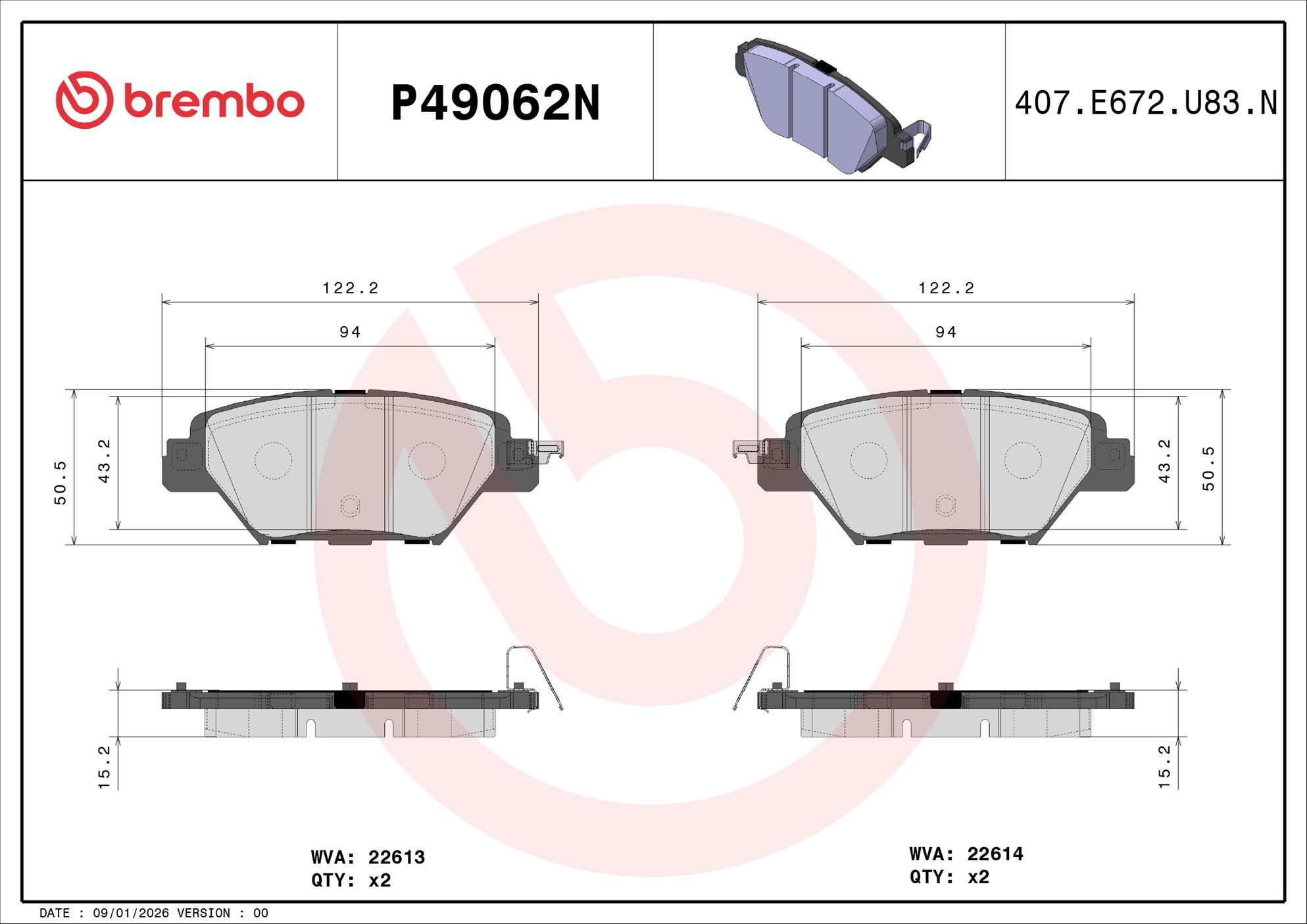 BREMBO DISC PAD -  MAZDA CX-9 TC 16- (RR) - TecDoc 2