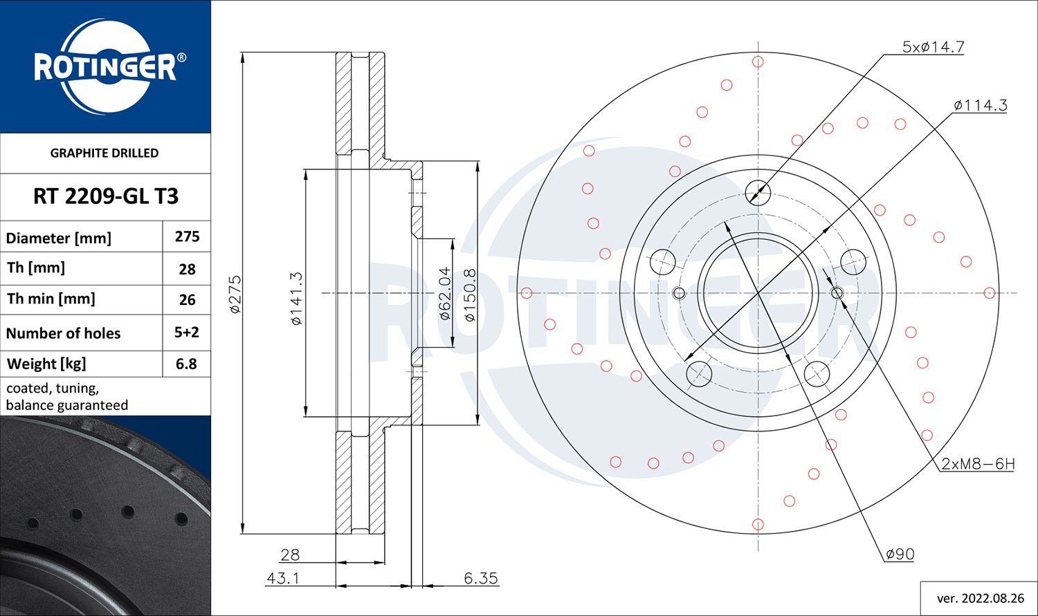 RT 2209-GL T3 ROTINGER GRAPHITE DRILLED féktárcsa