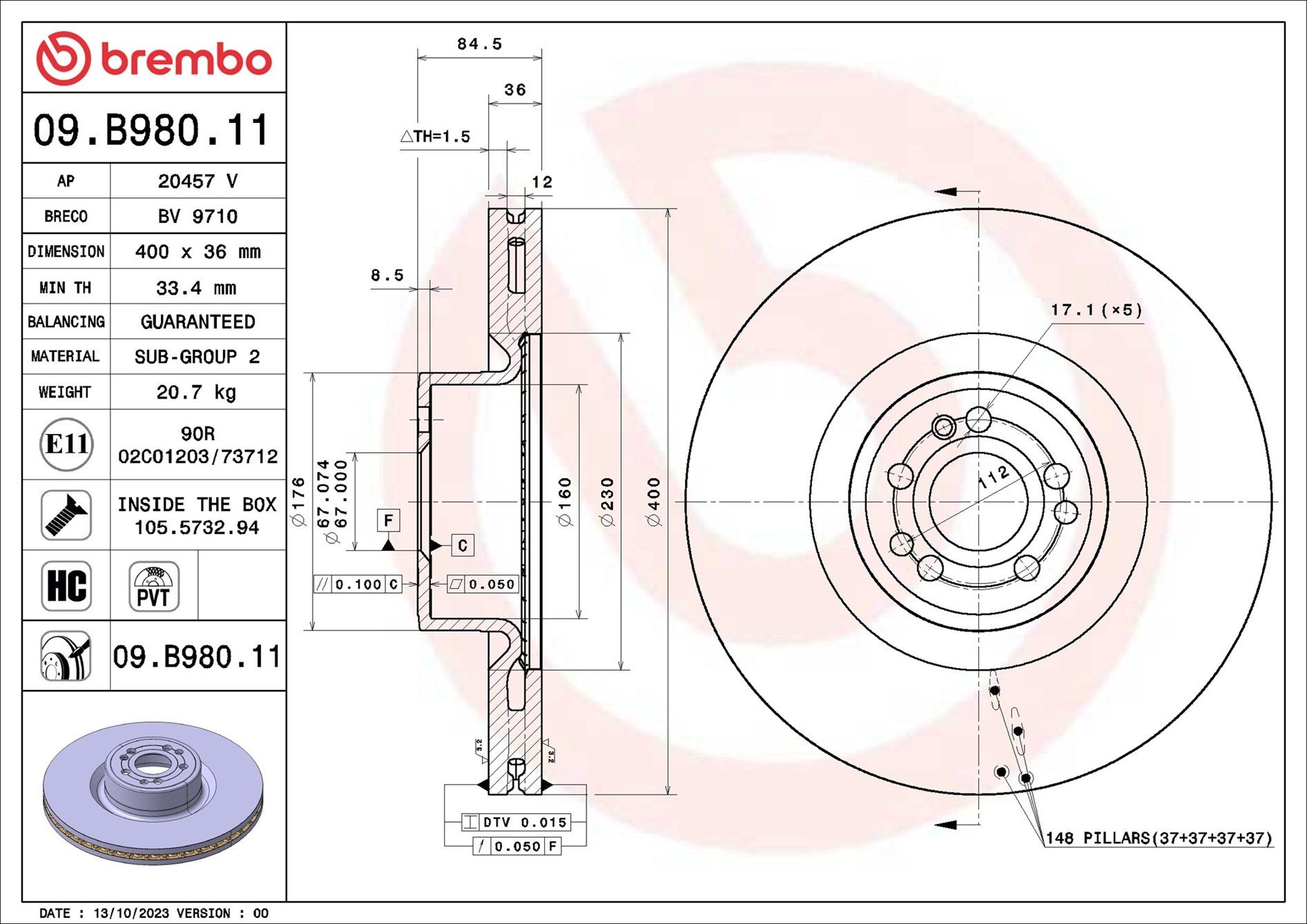 BREMBO DISC ROTOR -  MERCEDES BENZ S400L V222 14-ON (FRT) - TecDoc 2