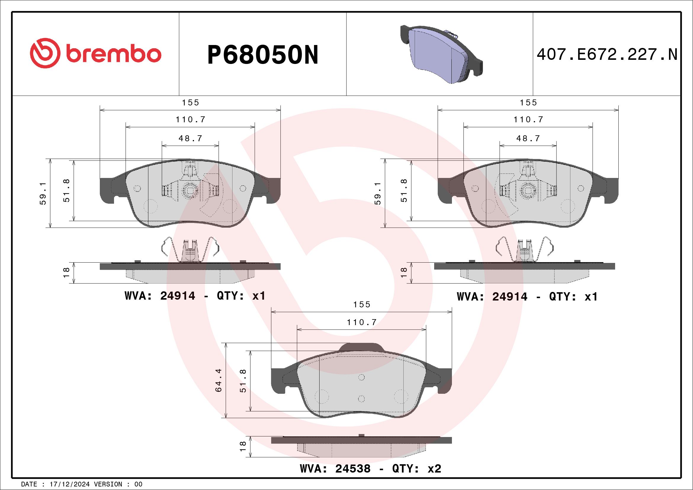BREMBO DISC PAD -  RENAULT MEGANE B95 13- (FRT) - TecDoc 2