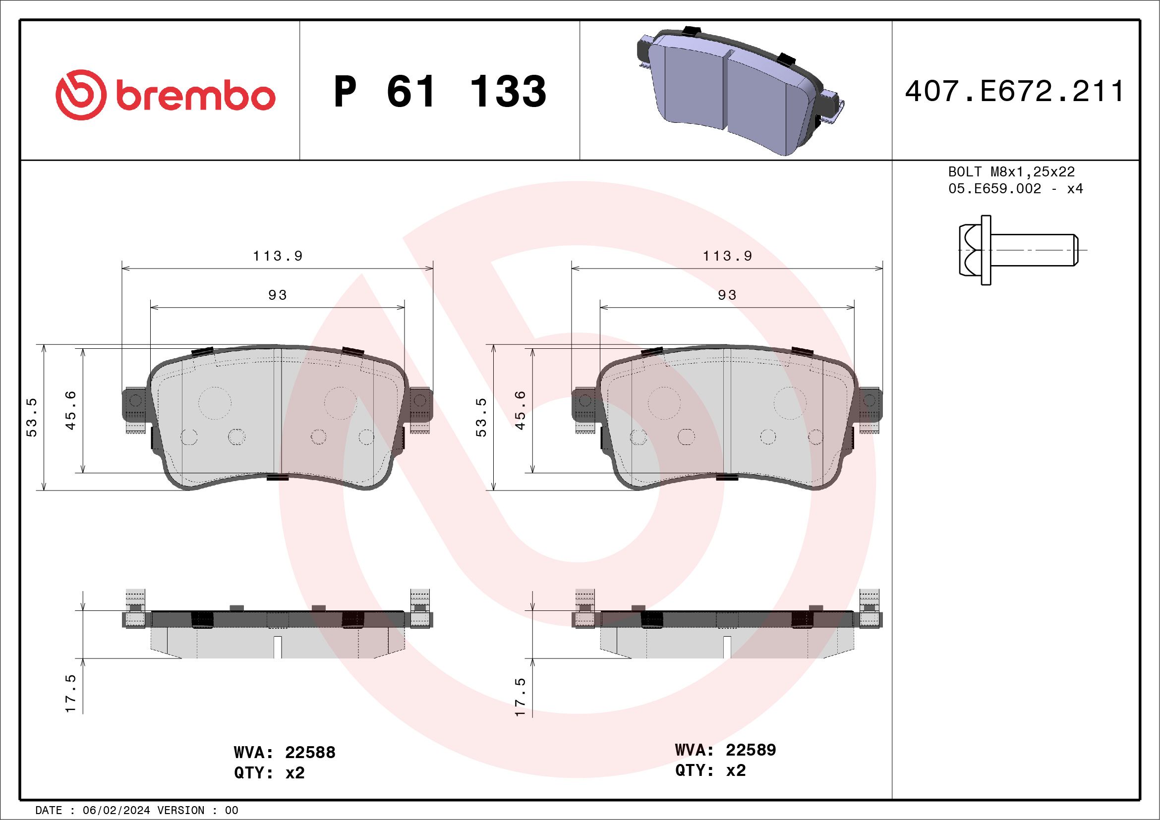 BREMBO P 61 133 - Bremsbelagsatz, Scheibenbremse PRIME LINE