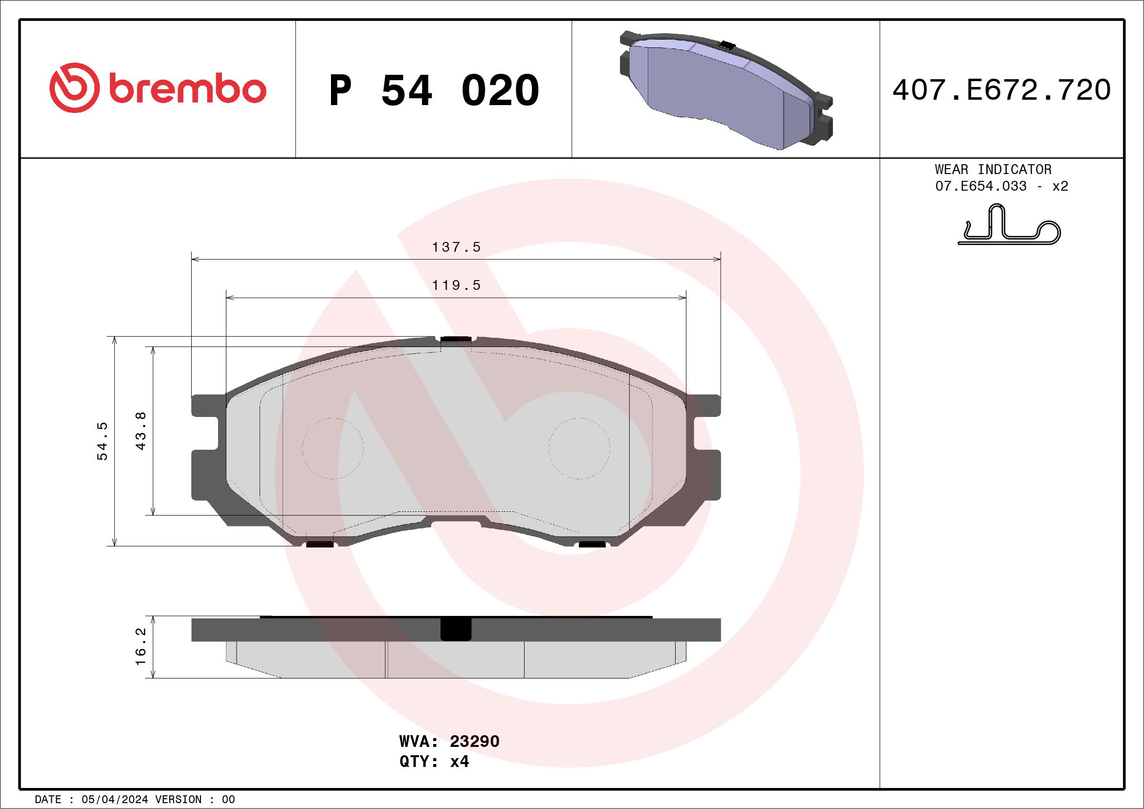 Brake Pad Set, disc brake P 54 020