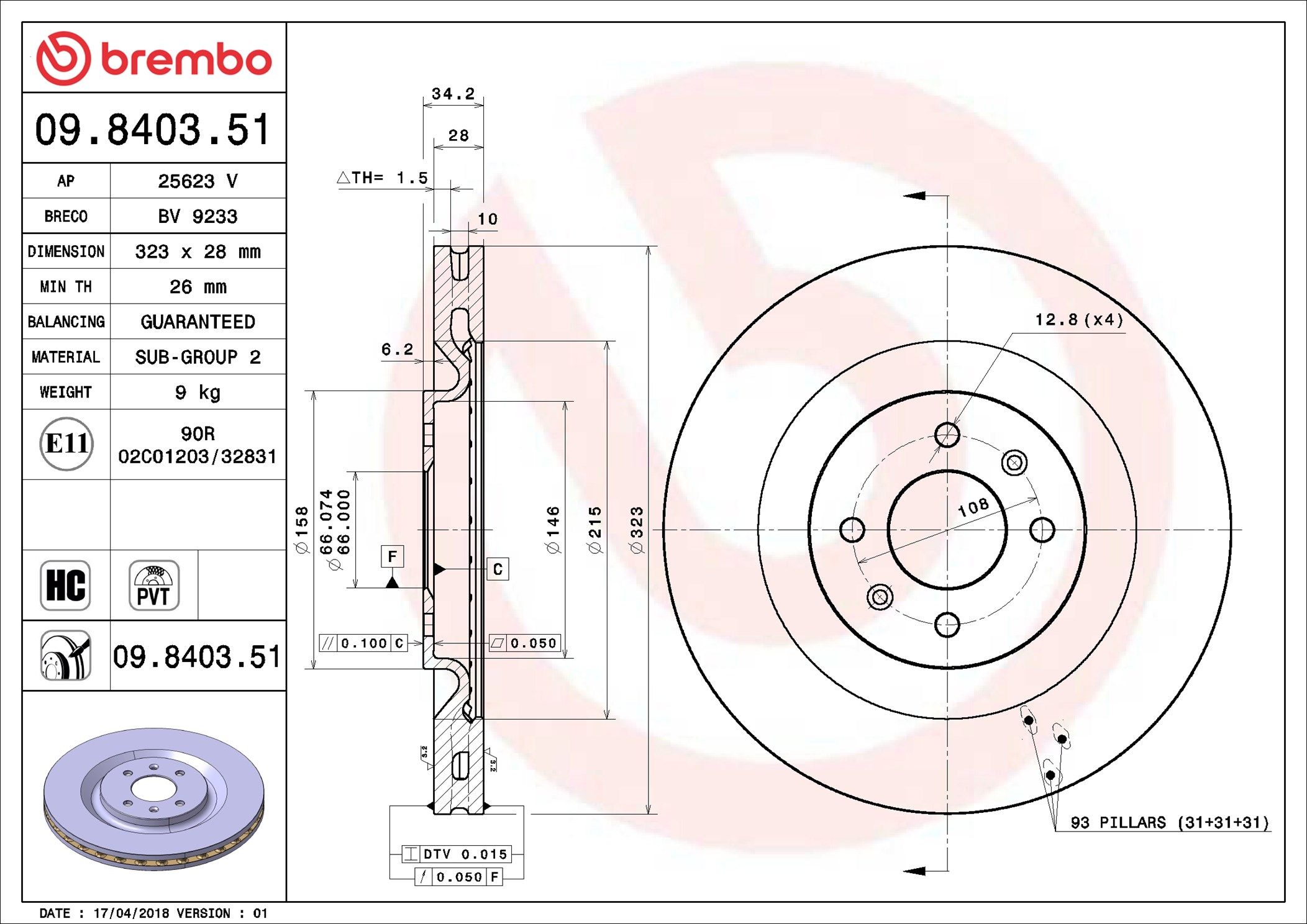 09.8403.51 BREMBO PRIME LINE - UV Coated féktárcsa