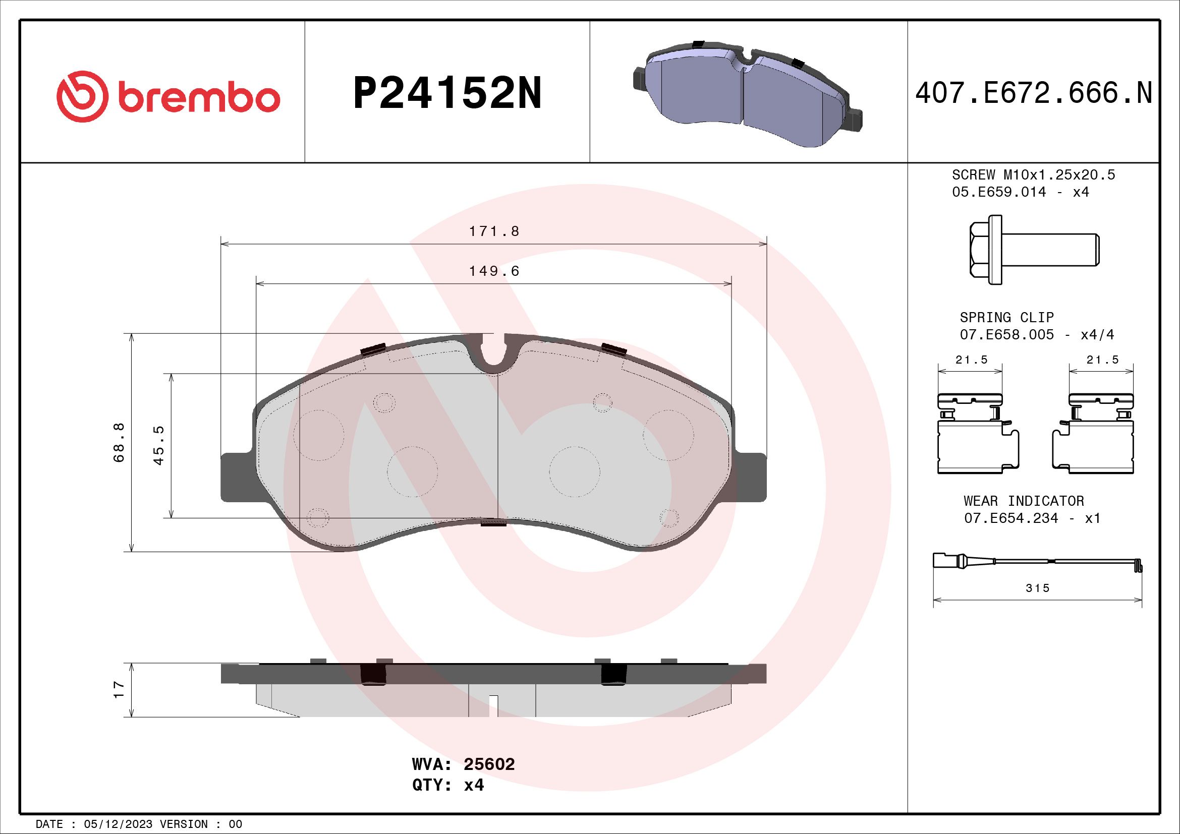 BREMBO DISC PAD -  FORD TRANSIT 350E VO 18- (FRT) *2 W/Sensor - TecDoc 1