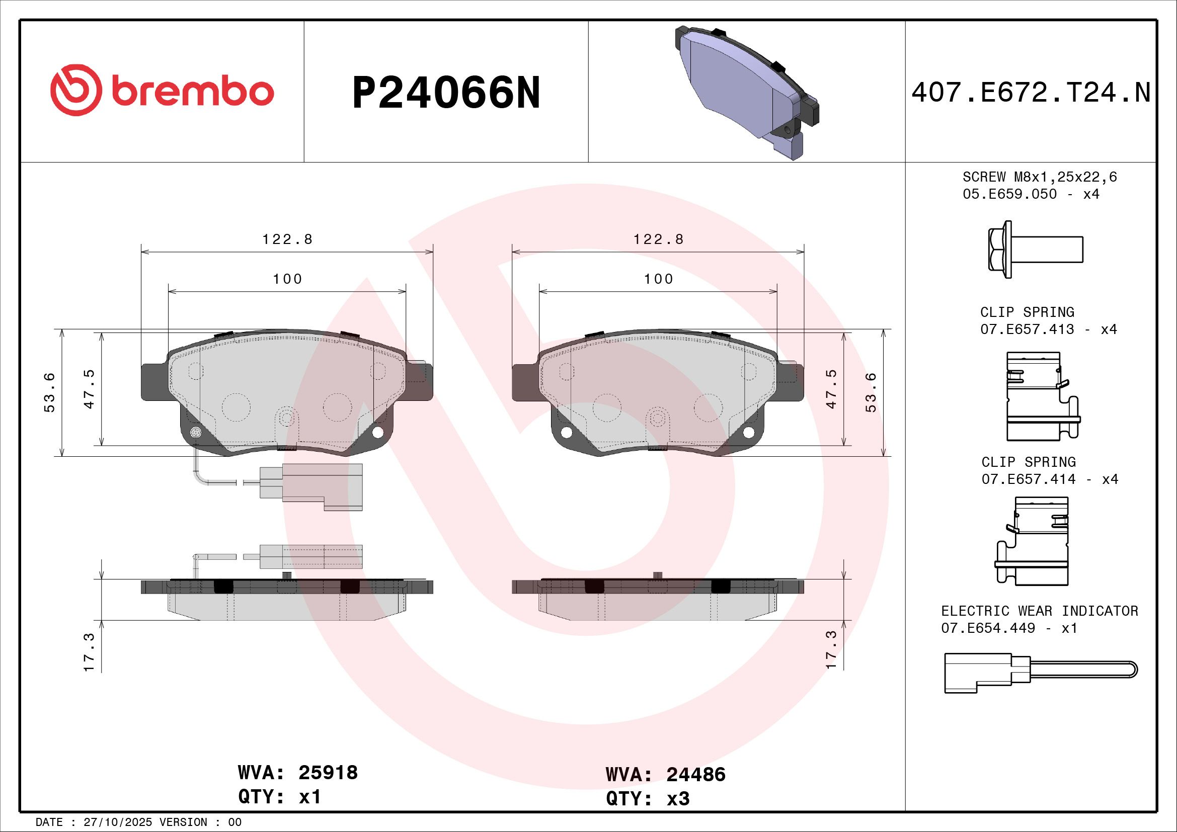 BREMBO DISC PAD -  FORD TRANSIT VM 2.4 06-14 (RR) *1 W/sensor - TecDoc 2