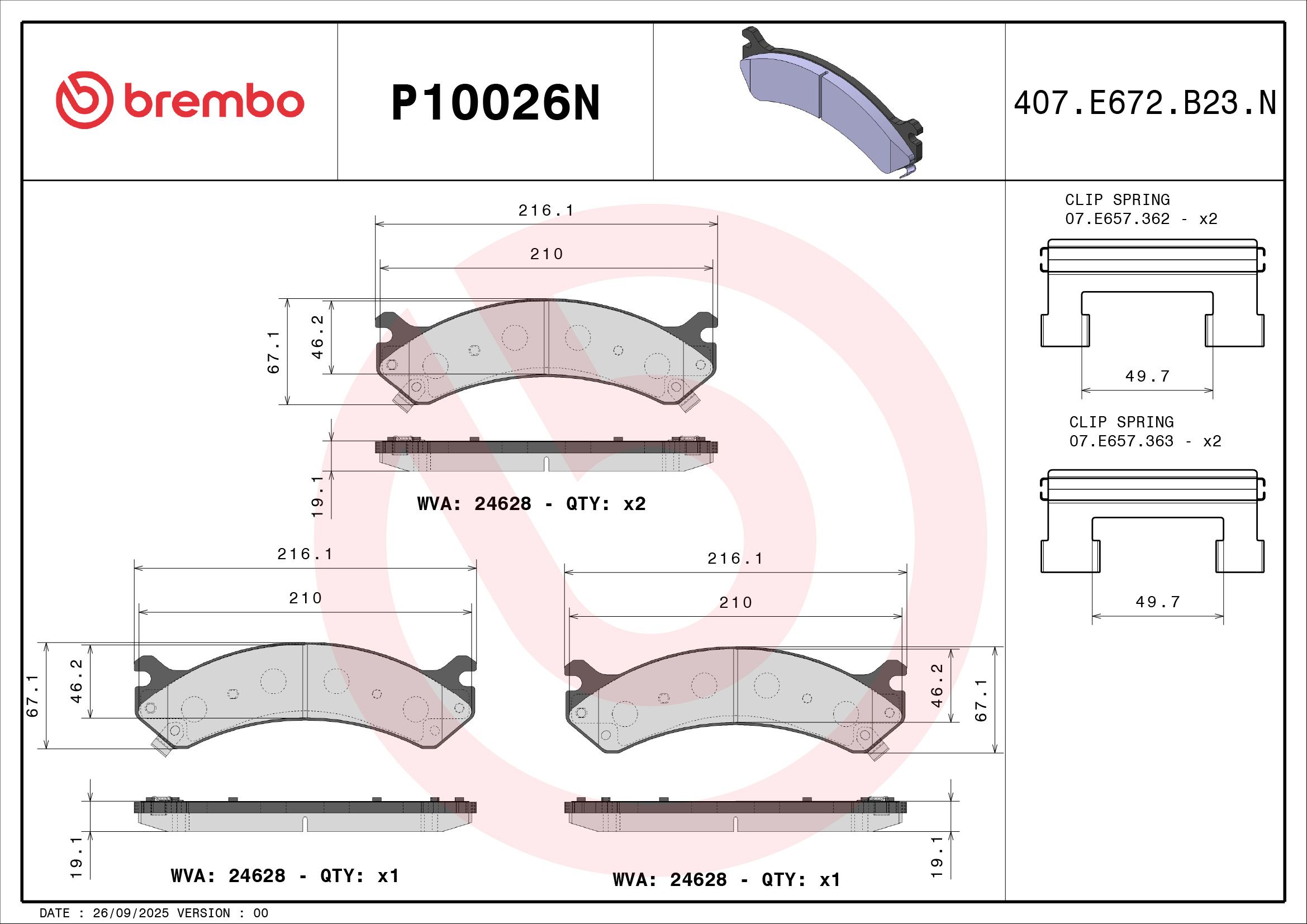 BREMBO DISC PAD -  CHEVROLET SILVERADO LM7 99-07 (FRT) - TecDoc 2