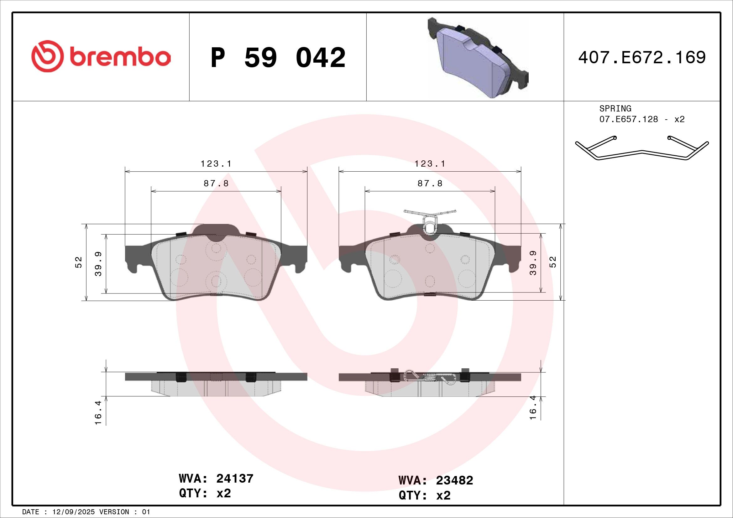 BREMBO P 59 042 - Bremsbelagsatz, Scheibenbremse PRIME LINE