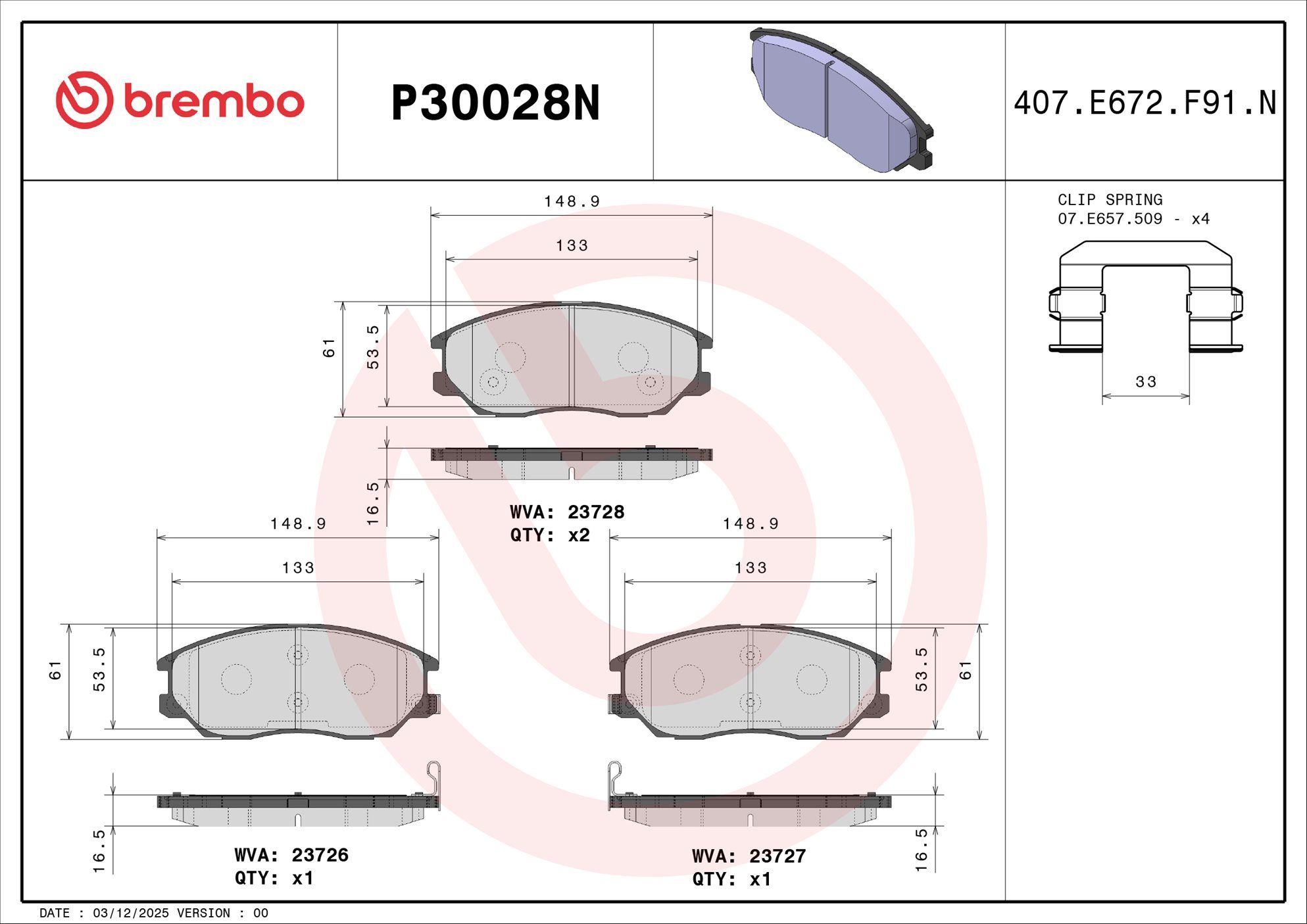 BREMBO DISC PAD -  KIA SORENTO 03-06 (FRT) - TecDoc 2