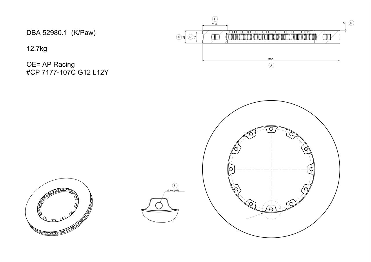 5000 Rotor Standard - 390mm x36mm KP [ AP Replacement CP 7177-107C G12 L12Y ]  No Nuts Supplied - TecDoc Only