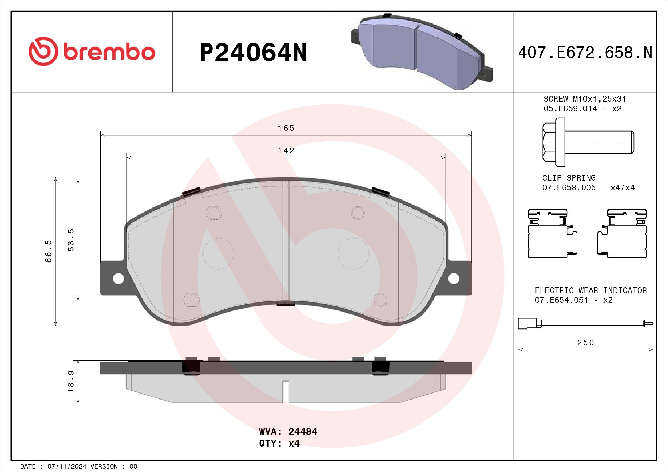 BREMBO DISC PAD -  FORD TRANSIT 06-14 (FRT) *2 W/Sensor - TecDoc 2
