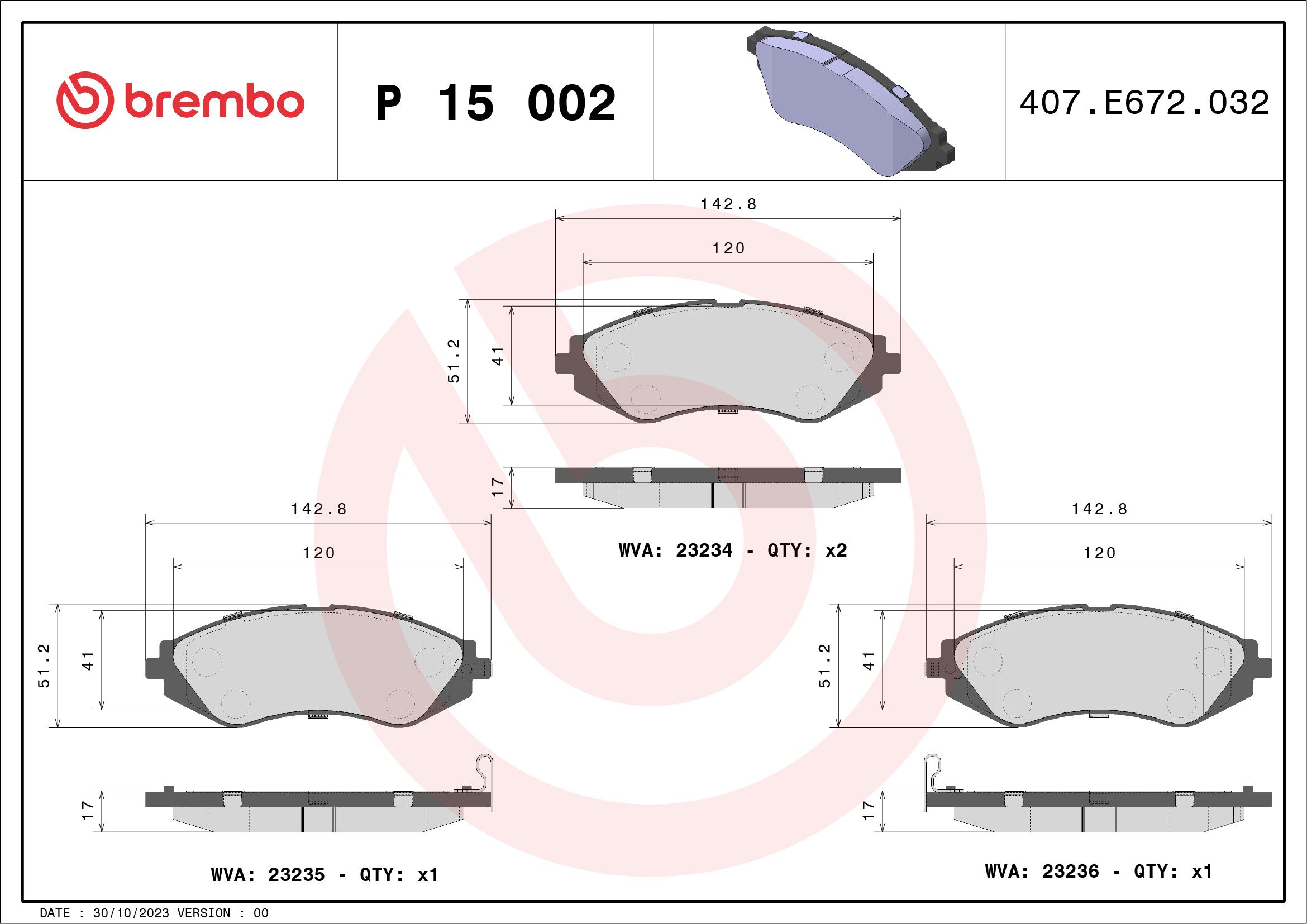 Brake Pad Set, disc brake P 15 002