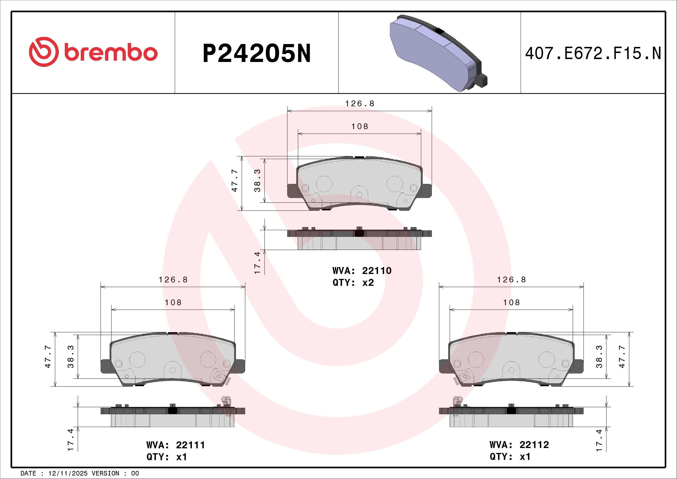 BREMBO DISC PAD -  FORD MUSTANG 2.3 GTDi FM 14-17 (RR) - TecDoc 2