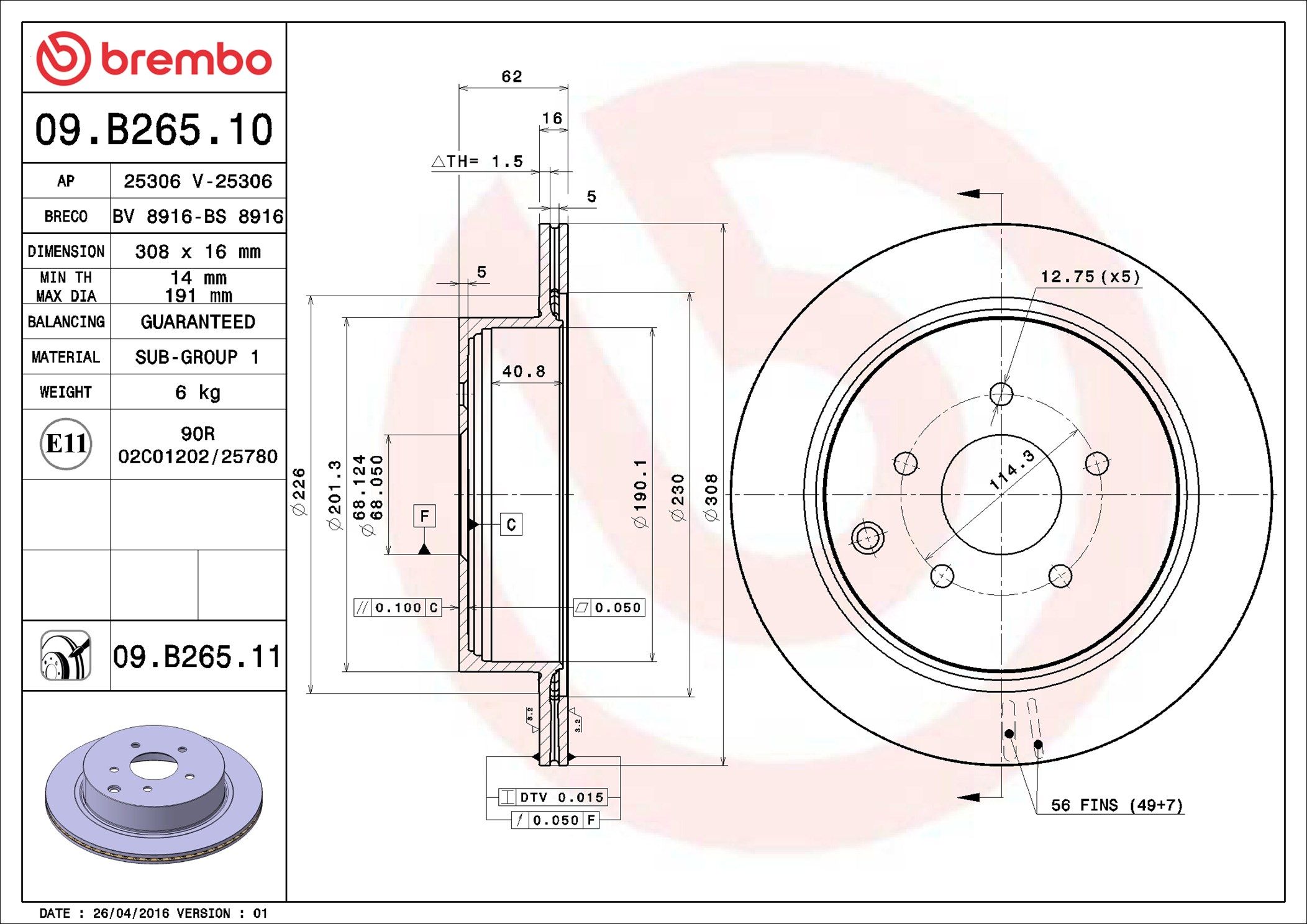 09.B265.10 BREMBO PRIME LINE féktárcsa