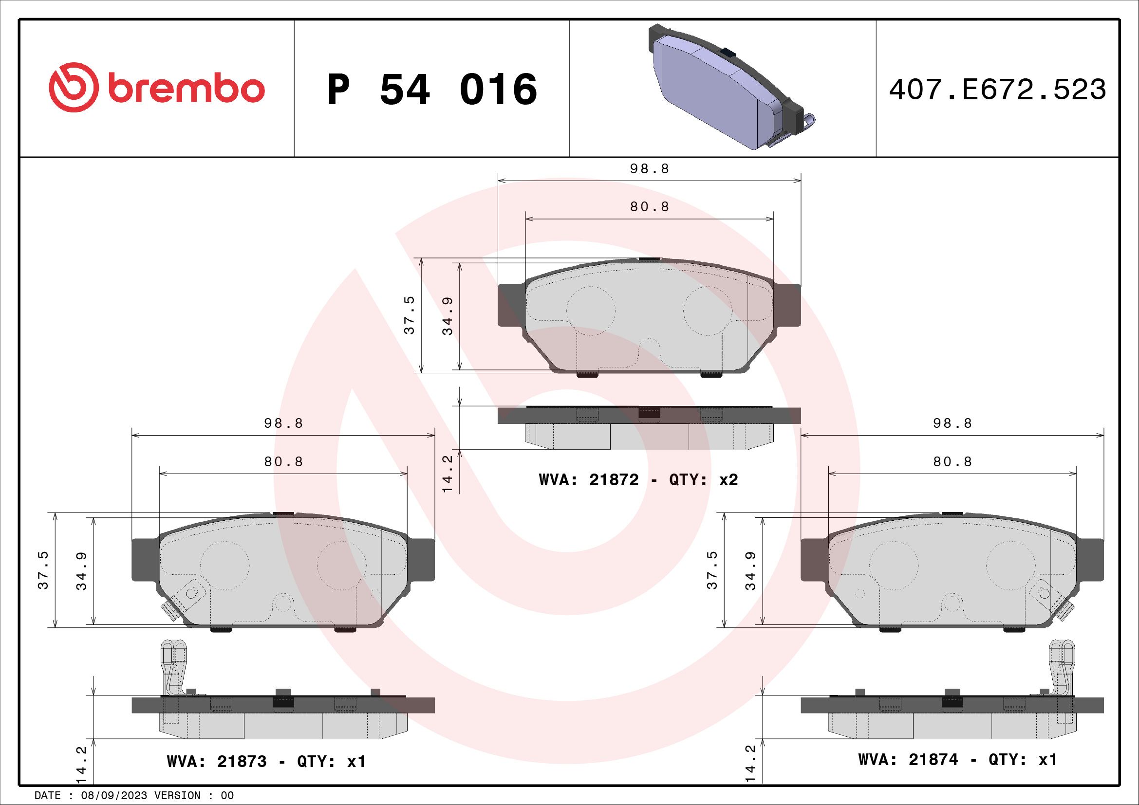 Brake Pad Set, disc brake P 54 016