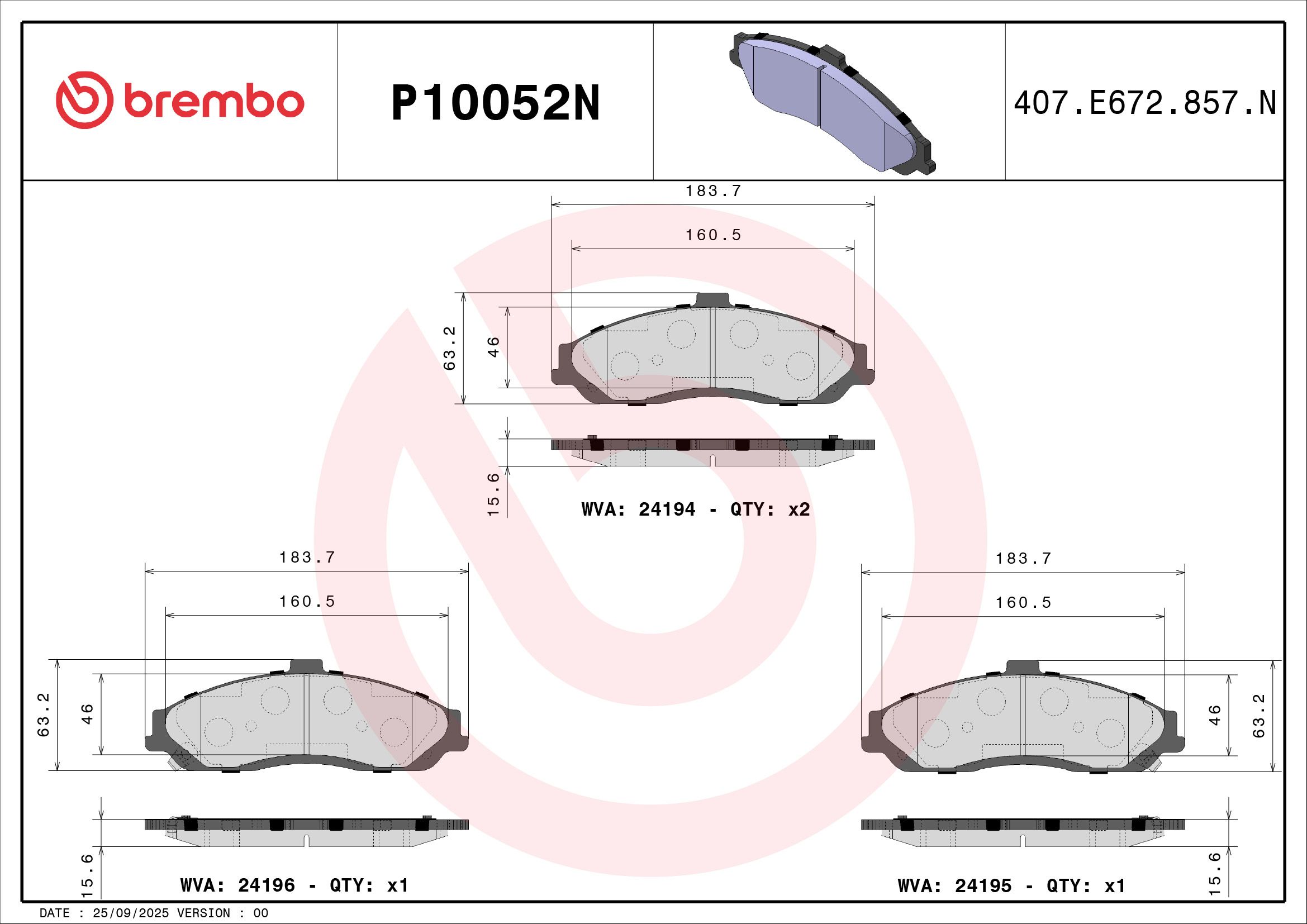 BREMBO DISC PAD -  FPV F6 FG 08-14 (FRT) - TecDoc 2