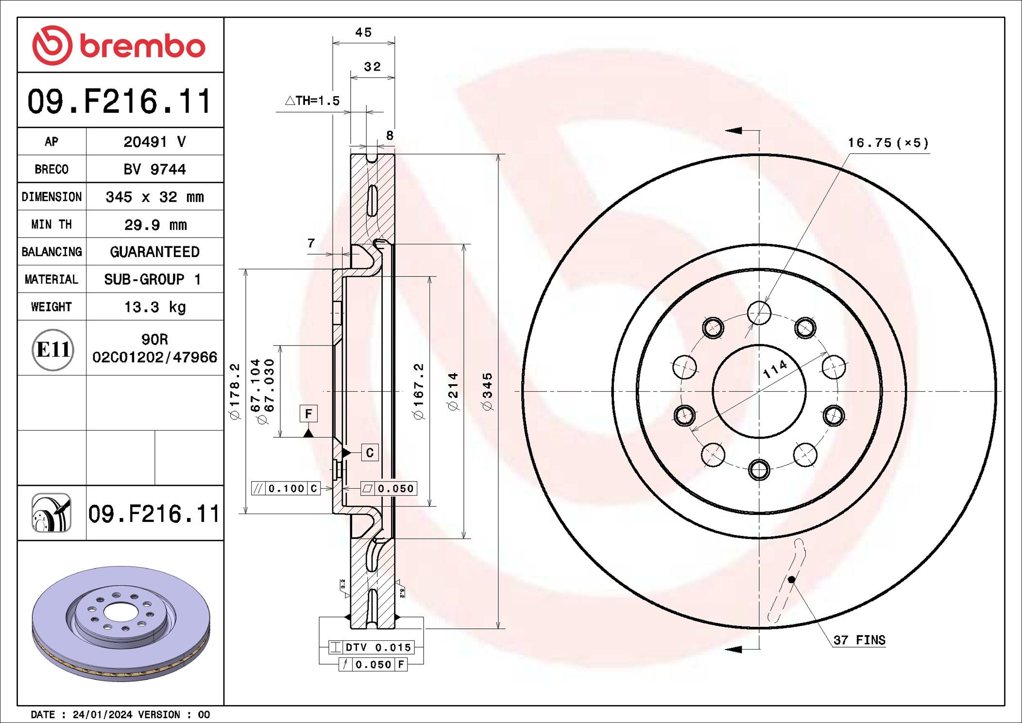 BREMBO DISC ROTOR -  MASERATI LEVANTE 17-ON (FRT) - TecDoc 2