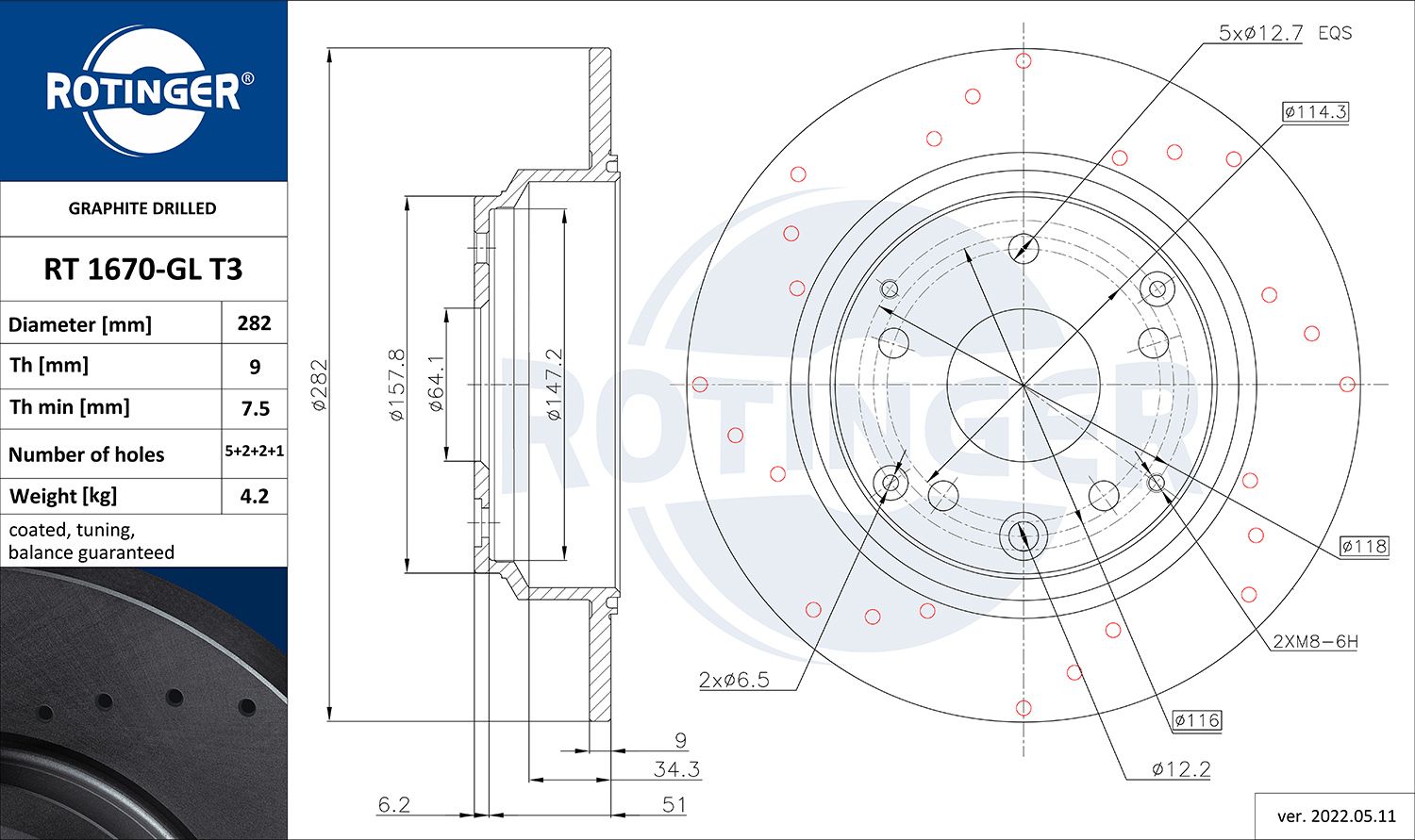 RT 1670-GL T3 ROTINGER GRAPHITE DRILLED féktárcsa