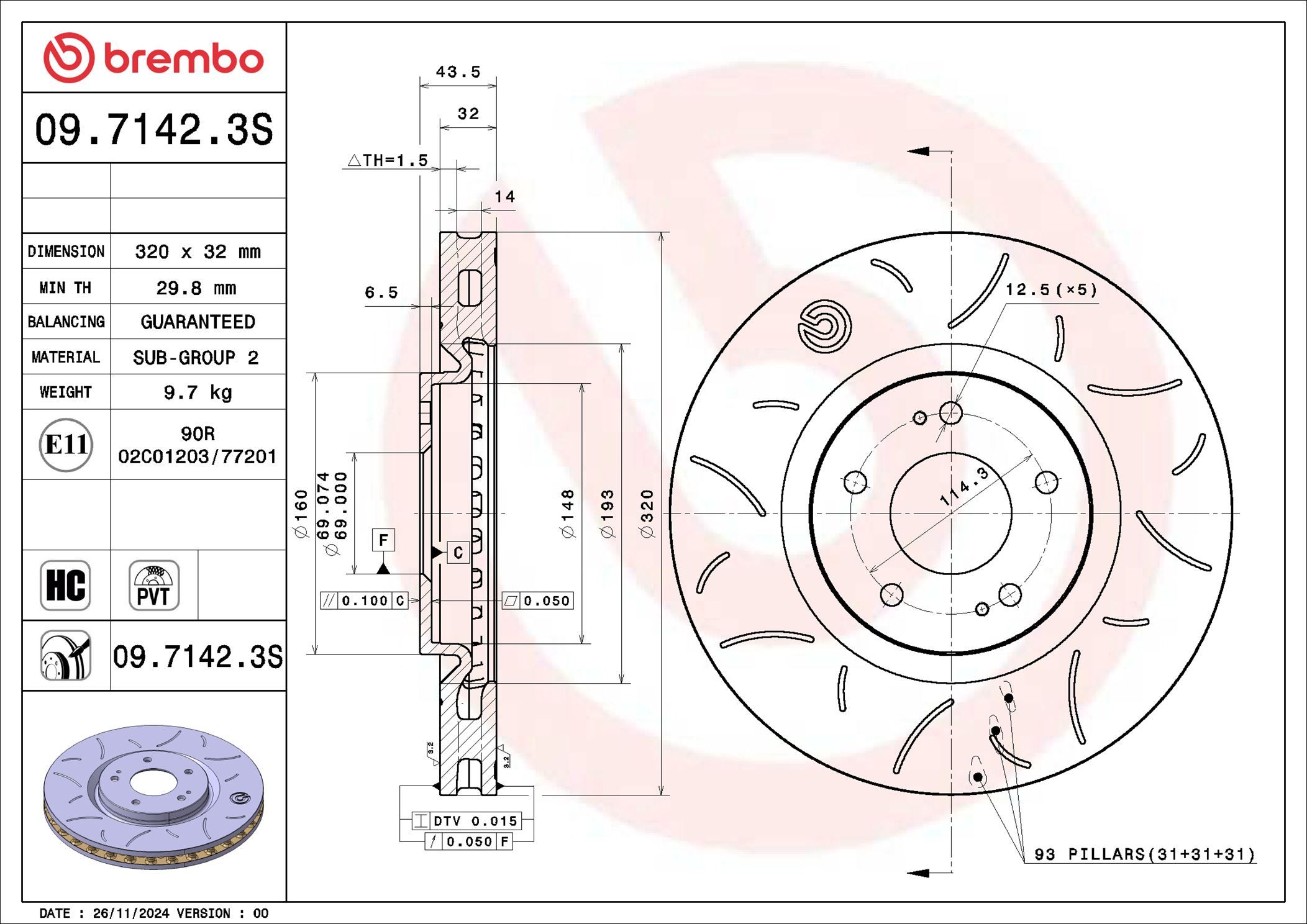 09.7142.3S BREMBO féktárcsa