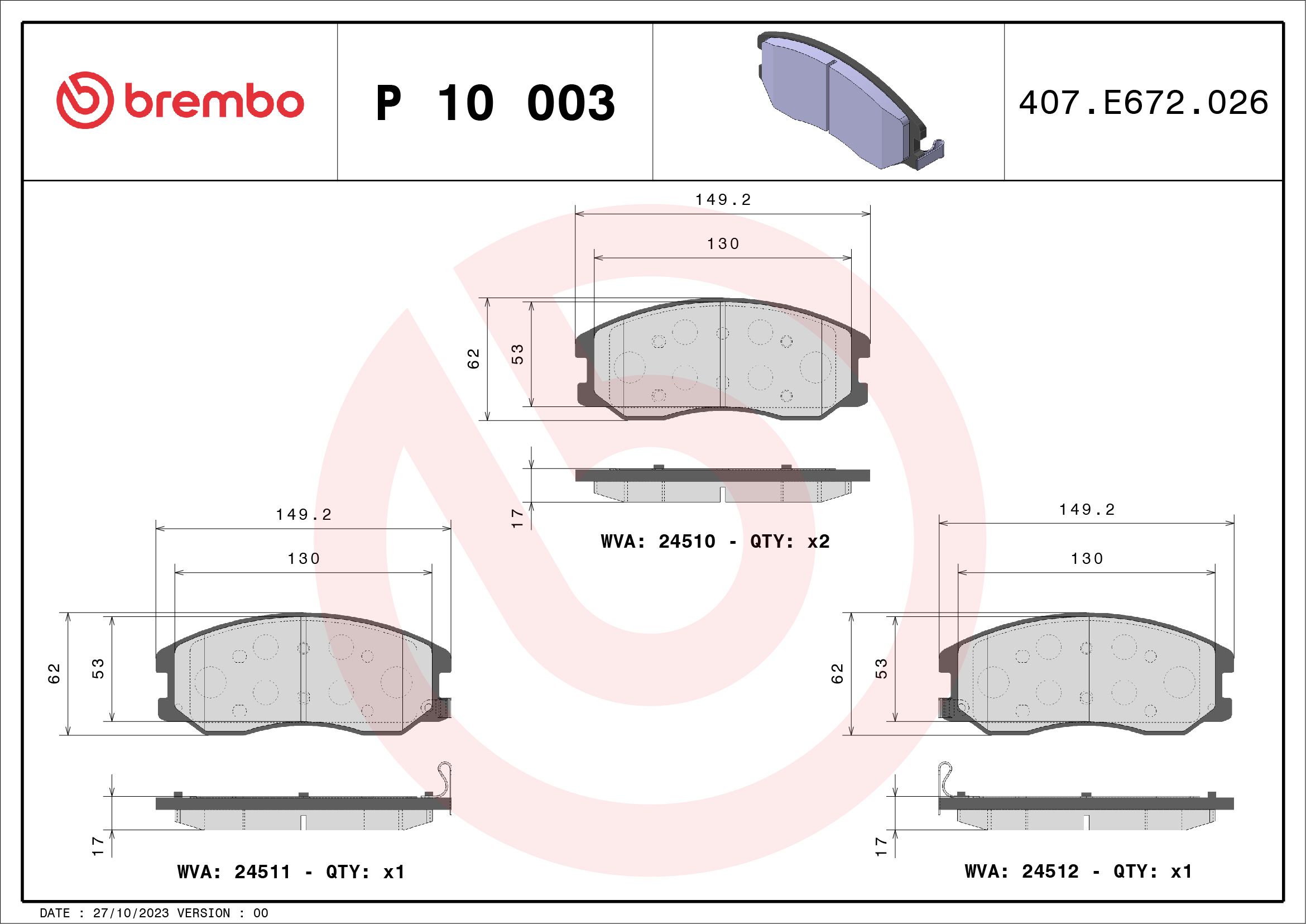 Brake Pad Set, disc brake P 10 003