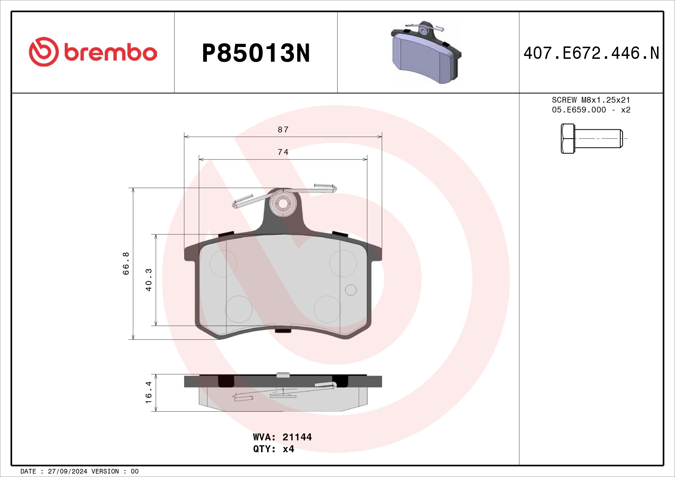 BREMBO DISC PAD -  AUDI A4 1.8 B5 95-99 (RR) - TecDoc 2
