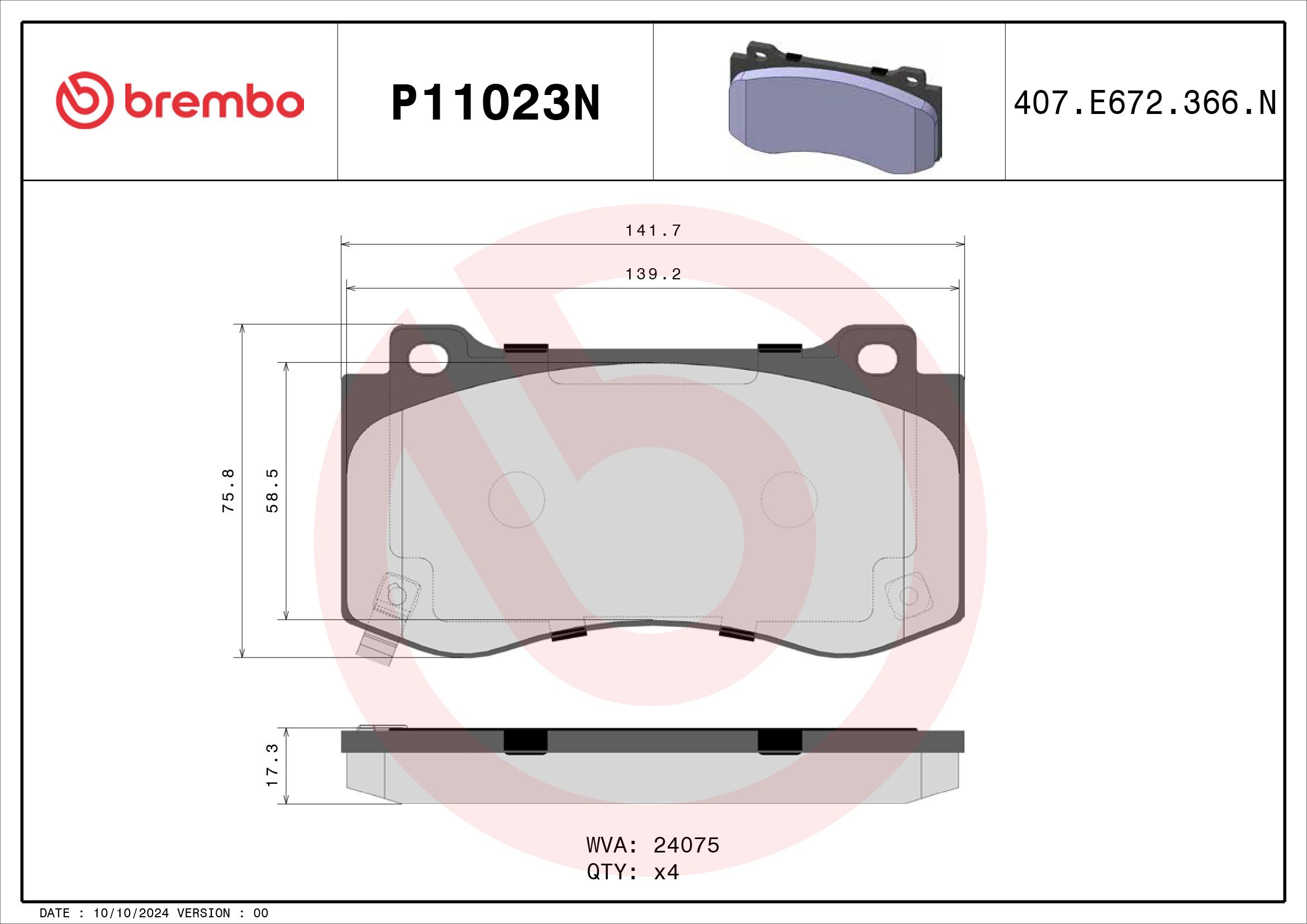 BREMBO DISC PAD -  CHRYSLER 300C SRT-8 06-12 (FRT) - TecDoc 2