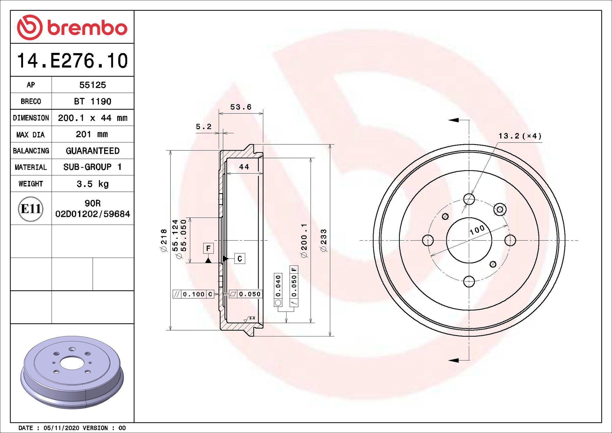 14.E276.10 BREMBO ESSENTIAL LINE fékdob