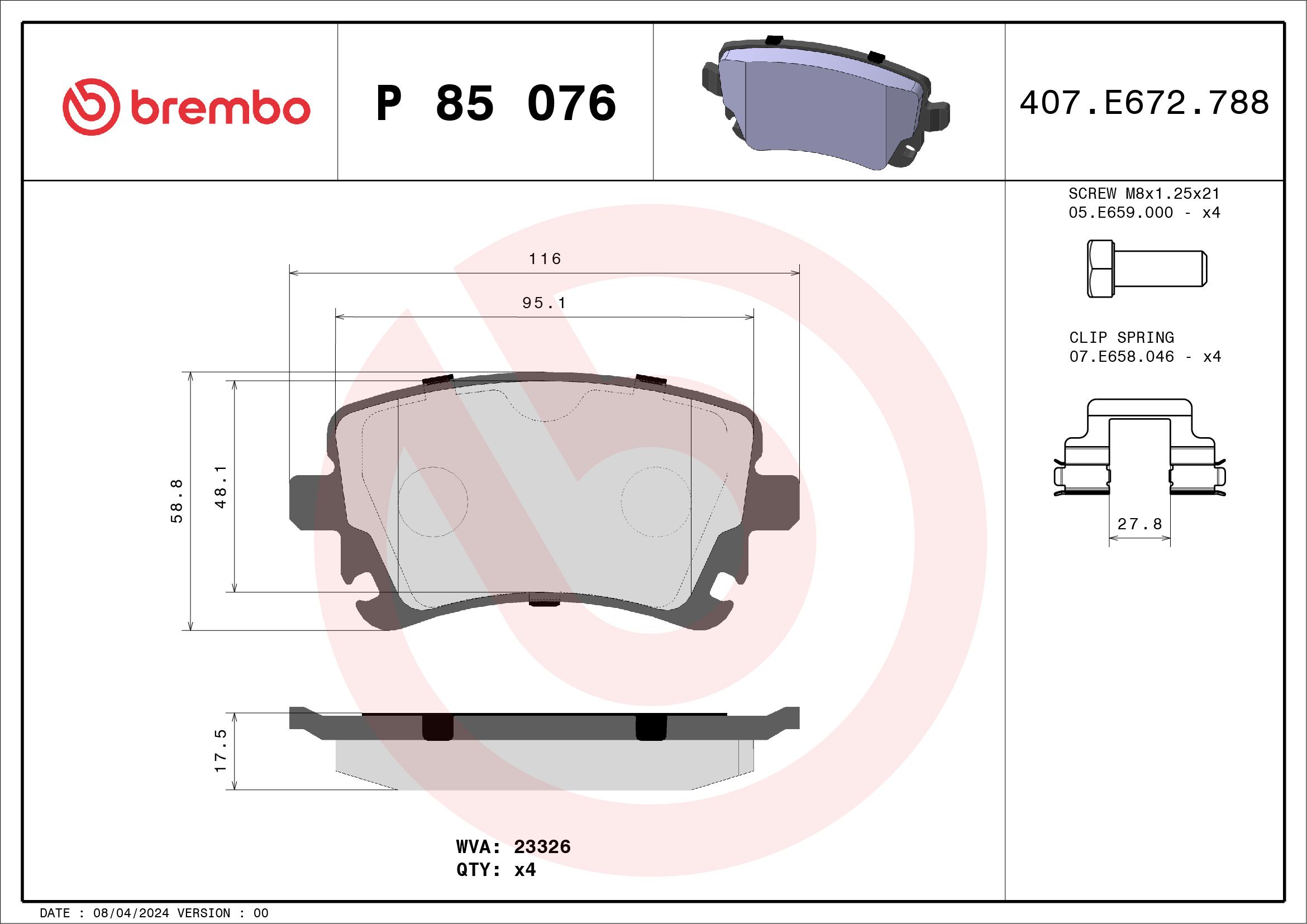 Brake Pad Set, disc brake P 85 076