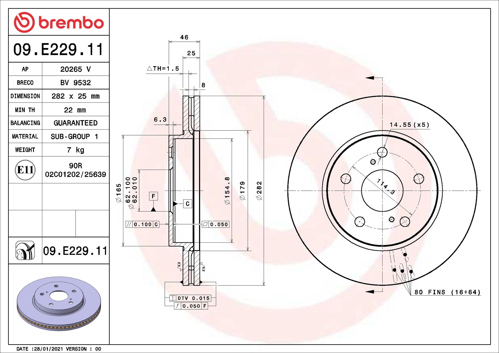 BREMBO DISC ROTOR -  TOYOTA COROLLA ZWE211R 18-22 (FRT) - TecDoc 2