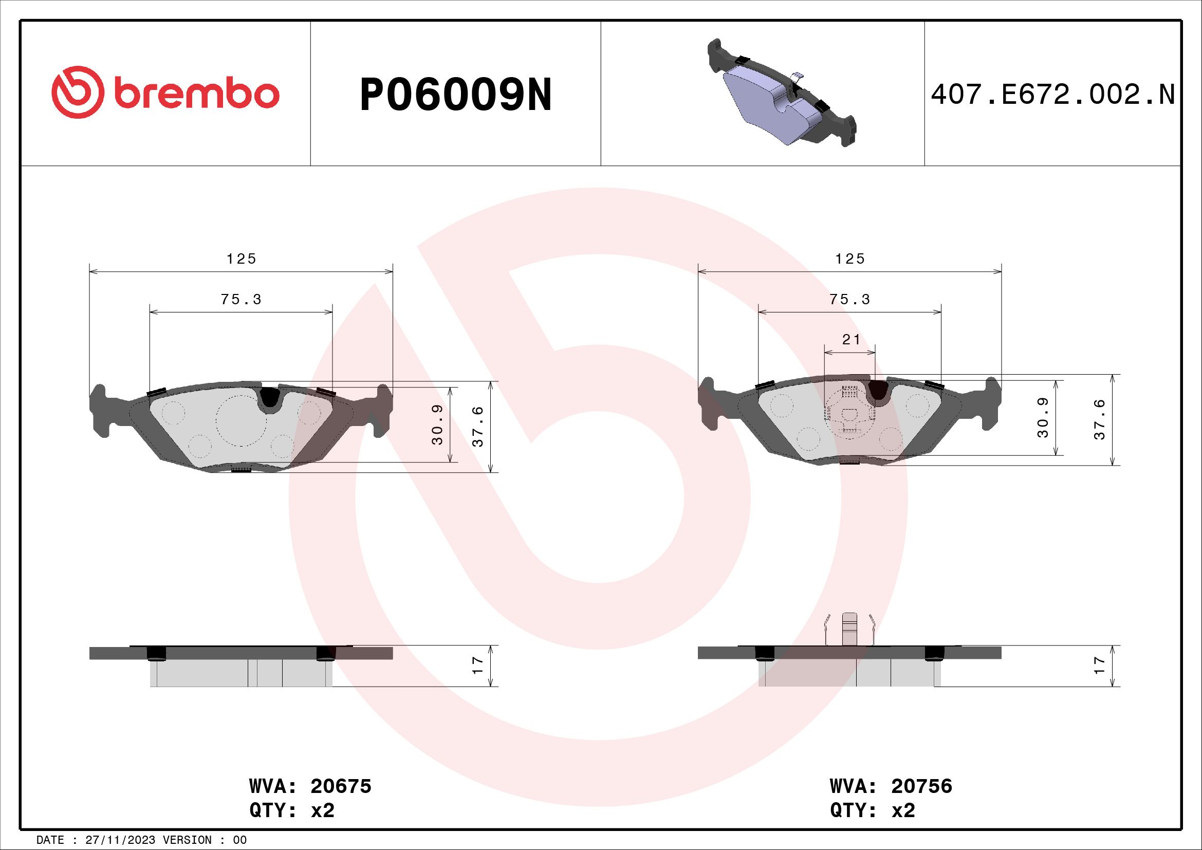 BREMBO DISC PAD -  BMW 318iS E30 90-92 (RR) - TecDoc 1