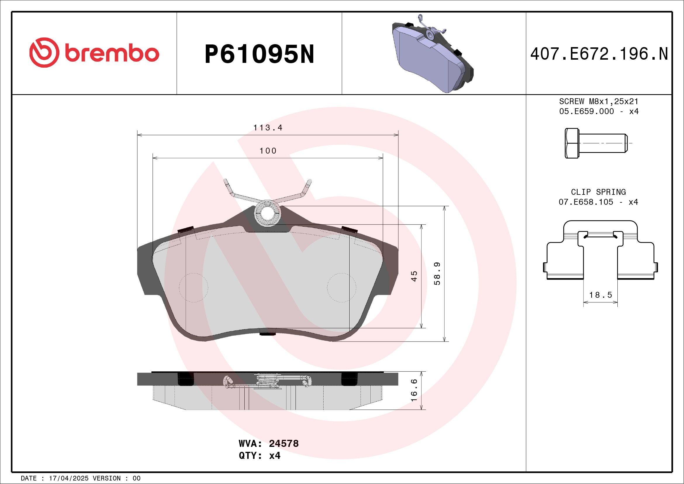 BREMBO DISC PAD -  PEUGEOT EXPERT HDi SWB 12-16 (RR) - TecDoc Only