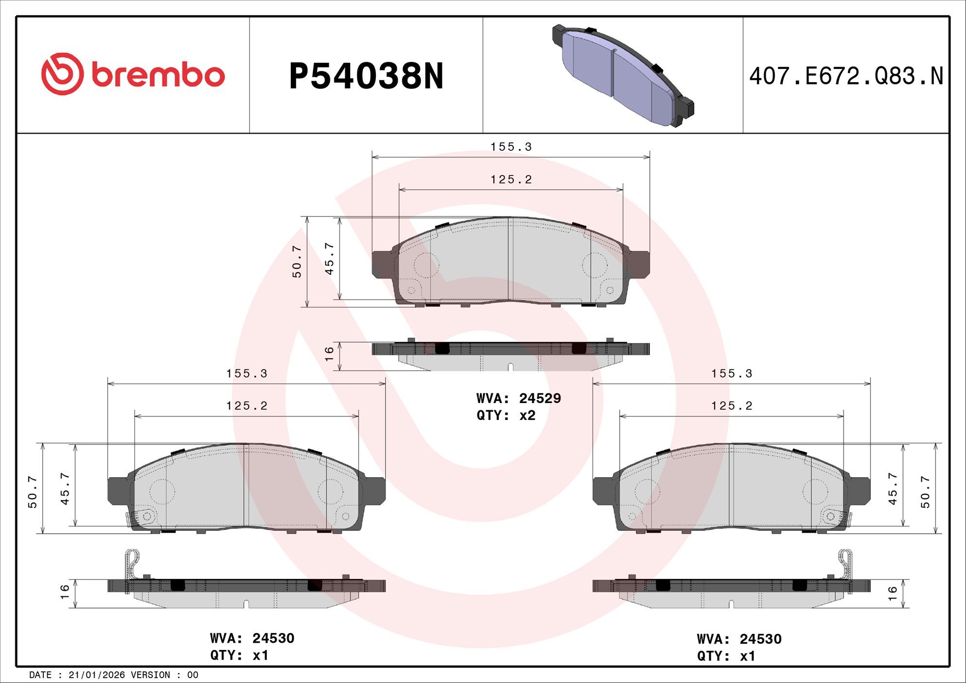 BREMBO DISC PAD -  MITSUBISHI TRITON ML, MN 08-15 (FRT) - TecDoc 2
