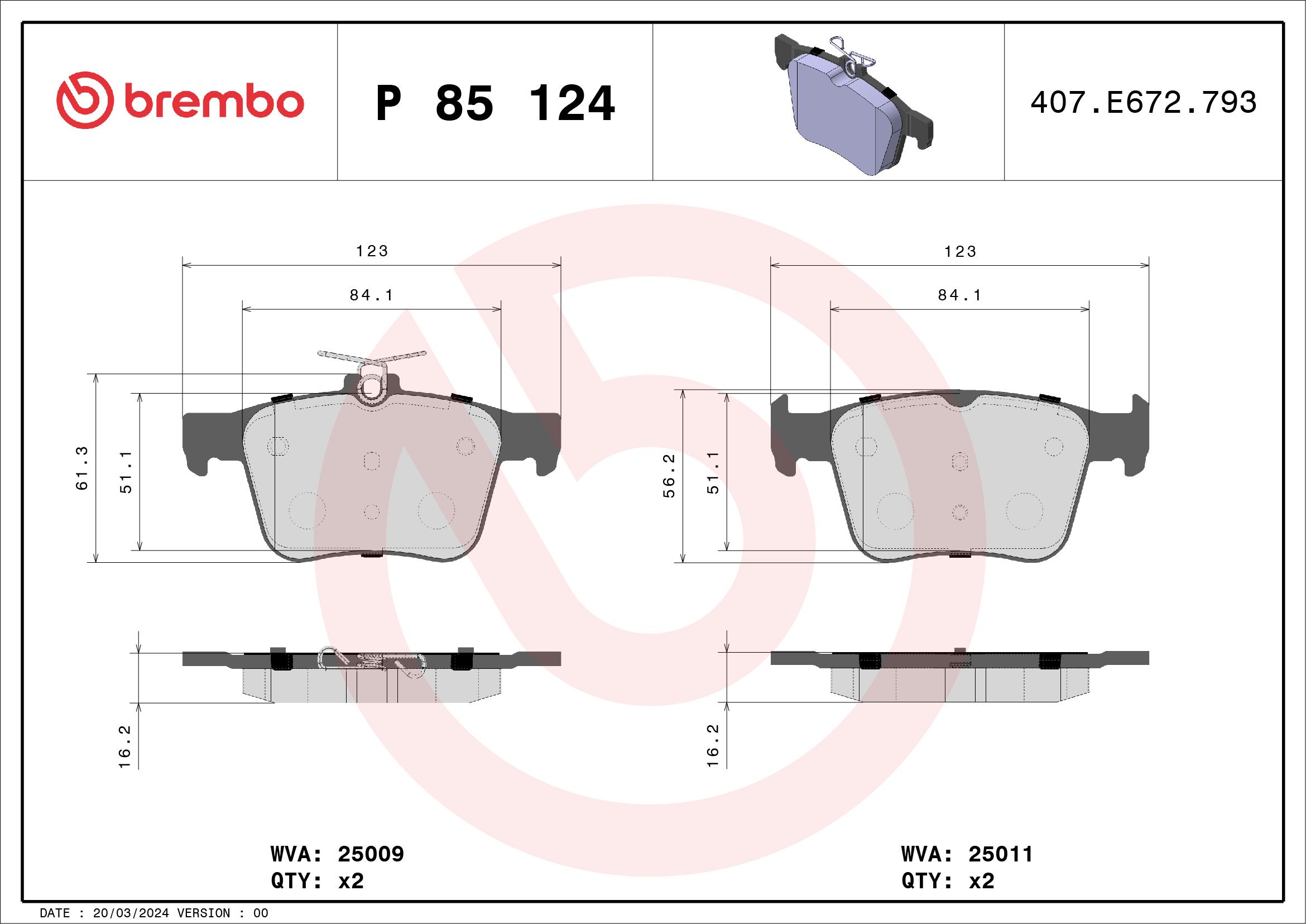 Brake Pad Set, disc brake P 85 124X