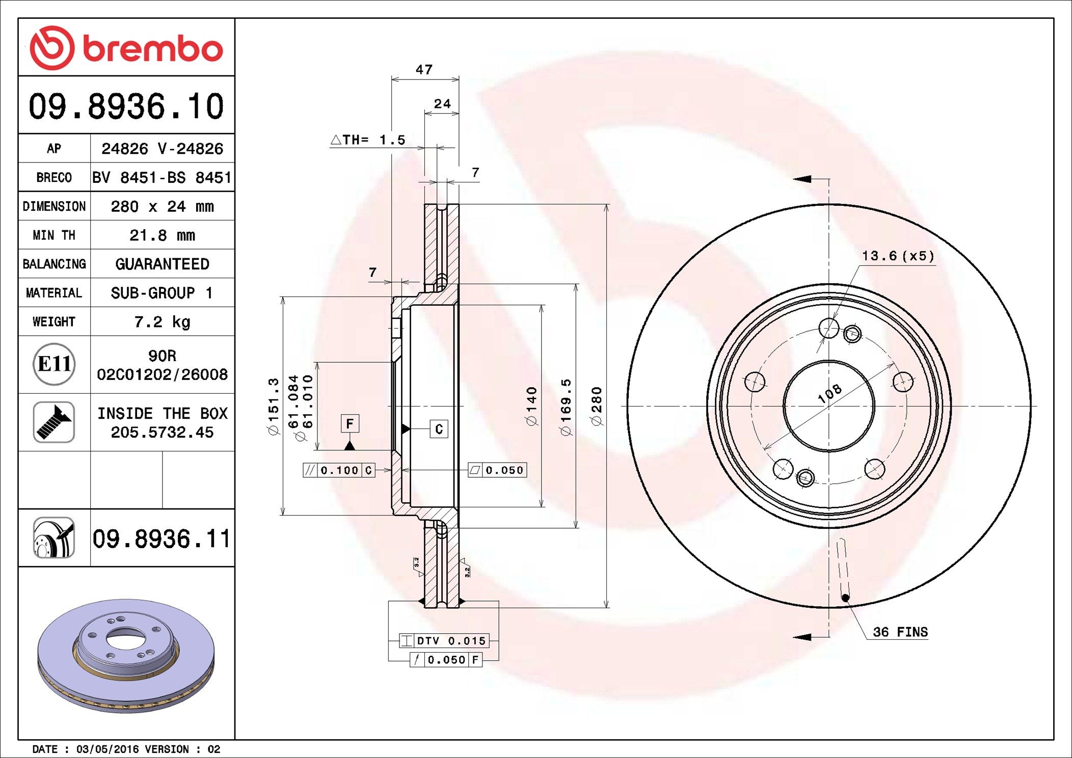 09.8936.11 BREMBO PRIME LINE - UV Coated féktárcsa