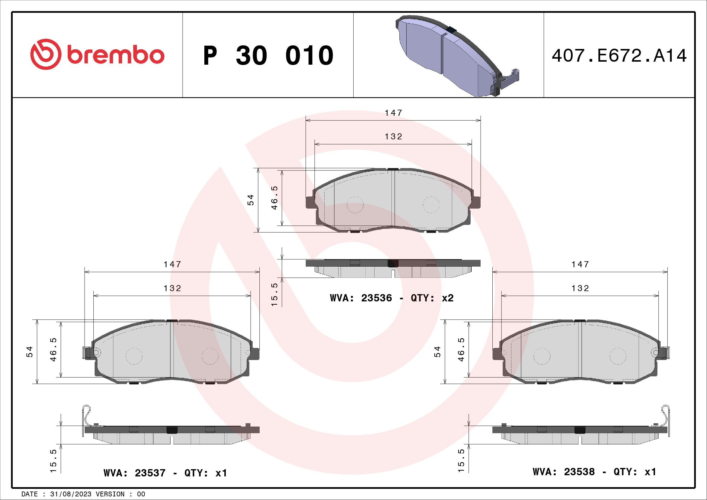 Комплект тормозных колодок, дисковый тормоз P 30 010