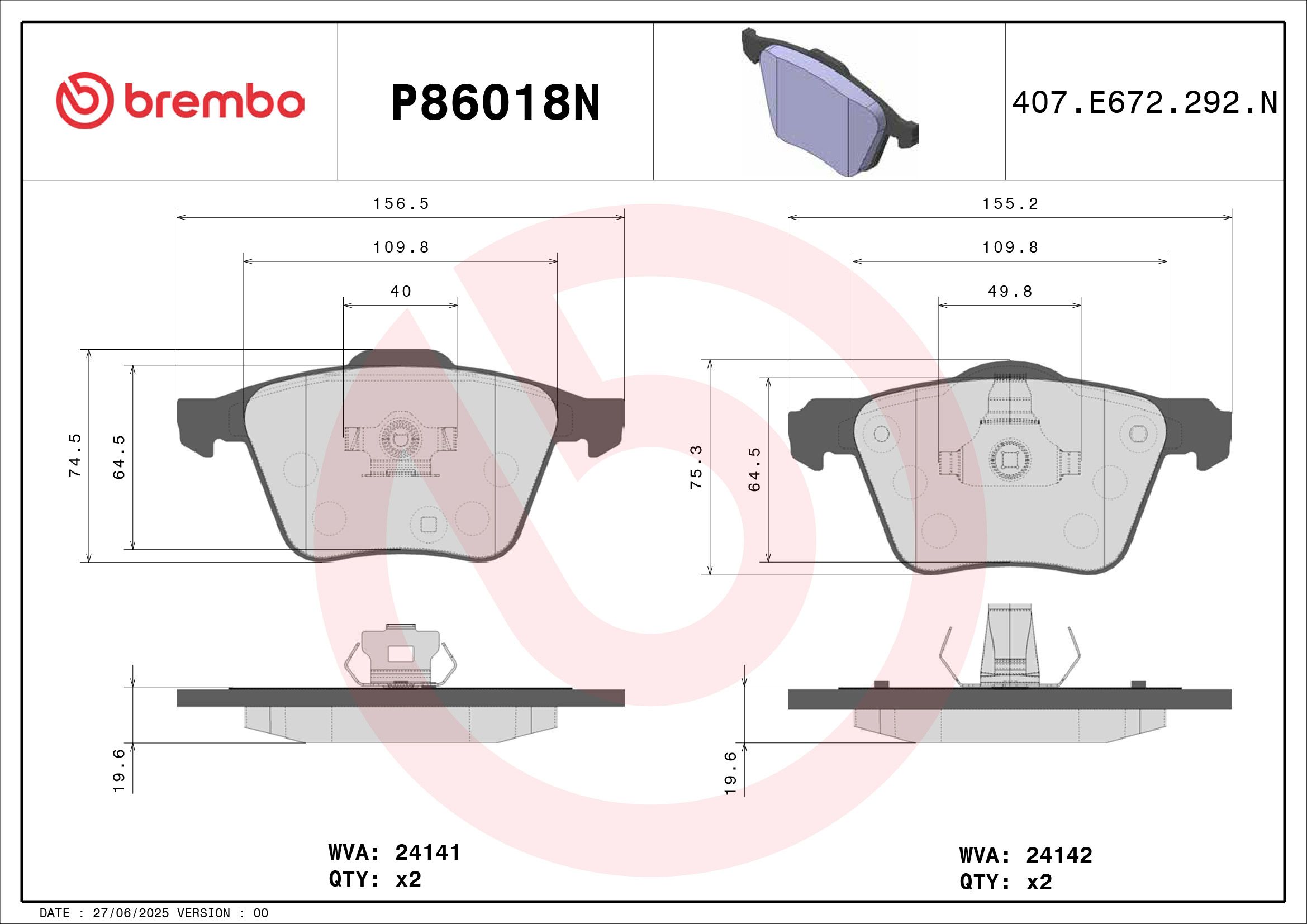 BREMBO DISC PAD -  VOLVO XC90 08-09 (FRT) - TecDoc 2