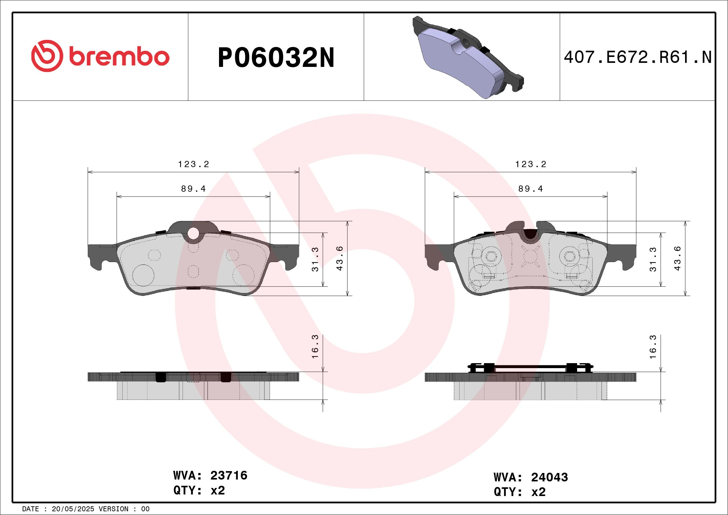 BREMBO DISC PAD -  MINI ONE R50 00-06 (RR) - TecDoc 2