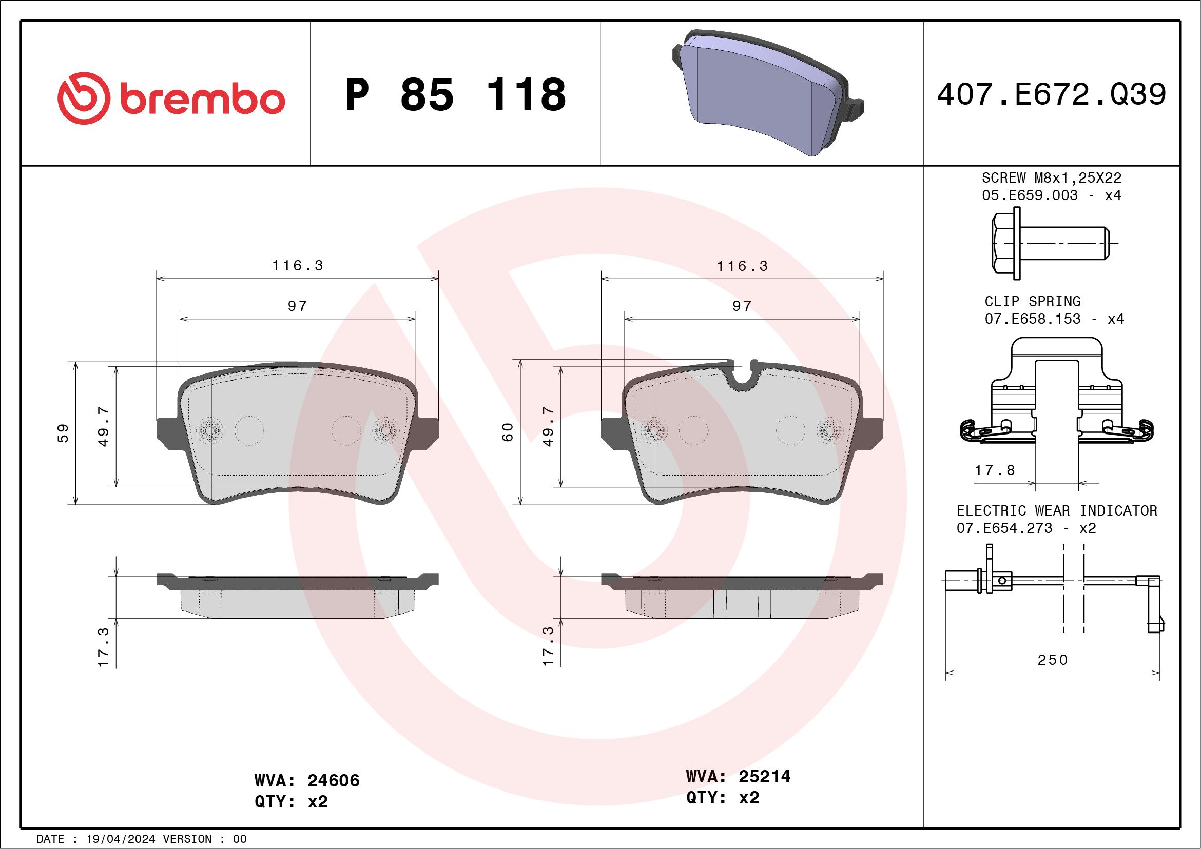 Brake Pad Set, disc brake P 85 118X