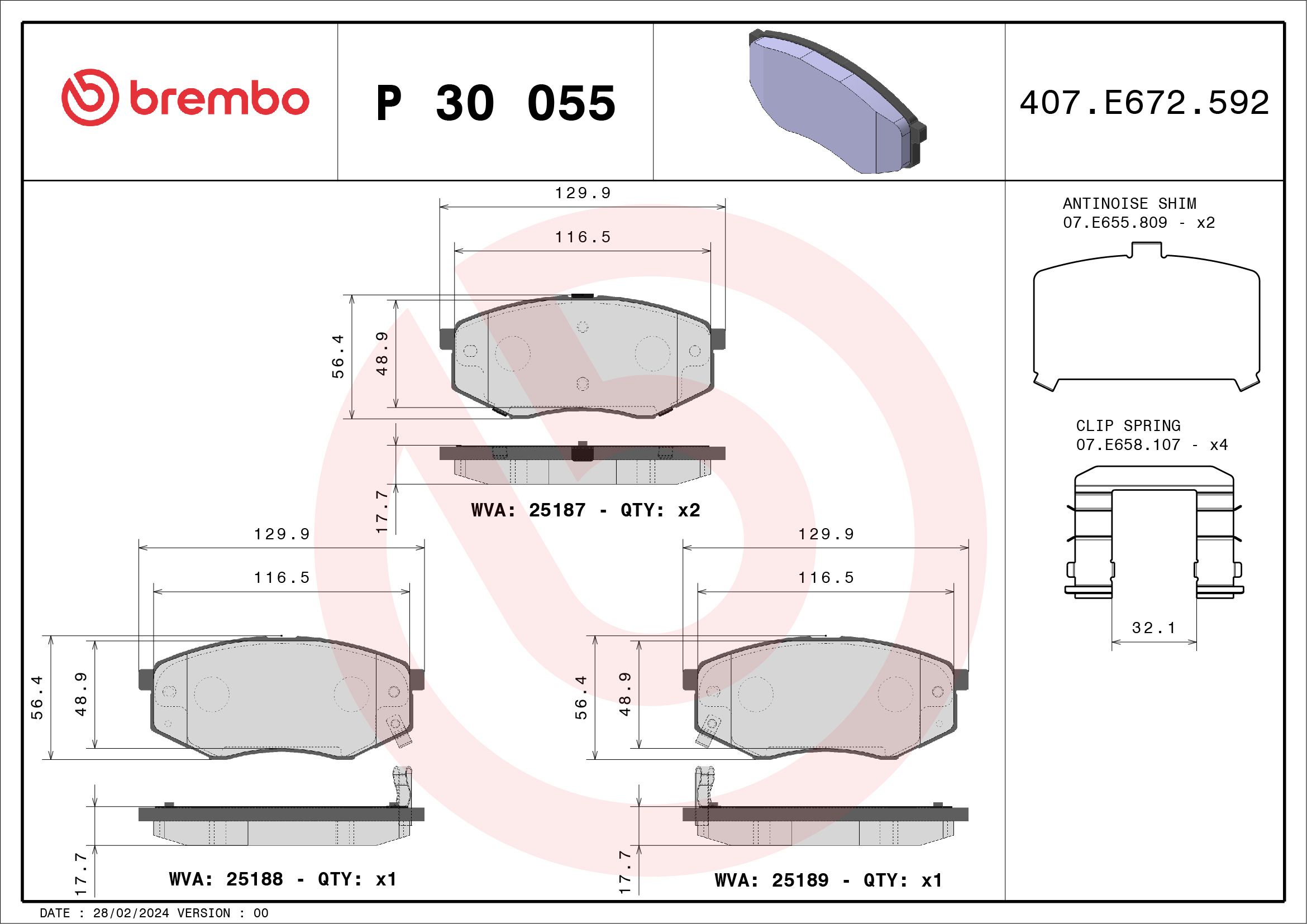 Комплект тормозных колодок, дисковый тормоз P 30 055X