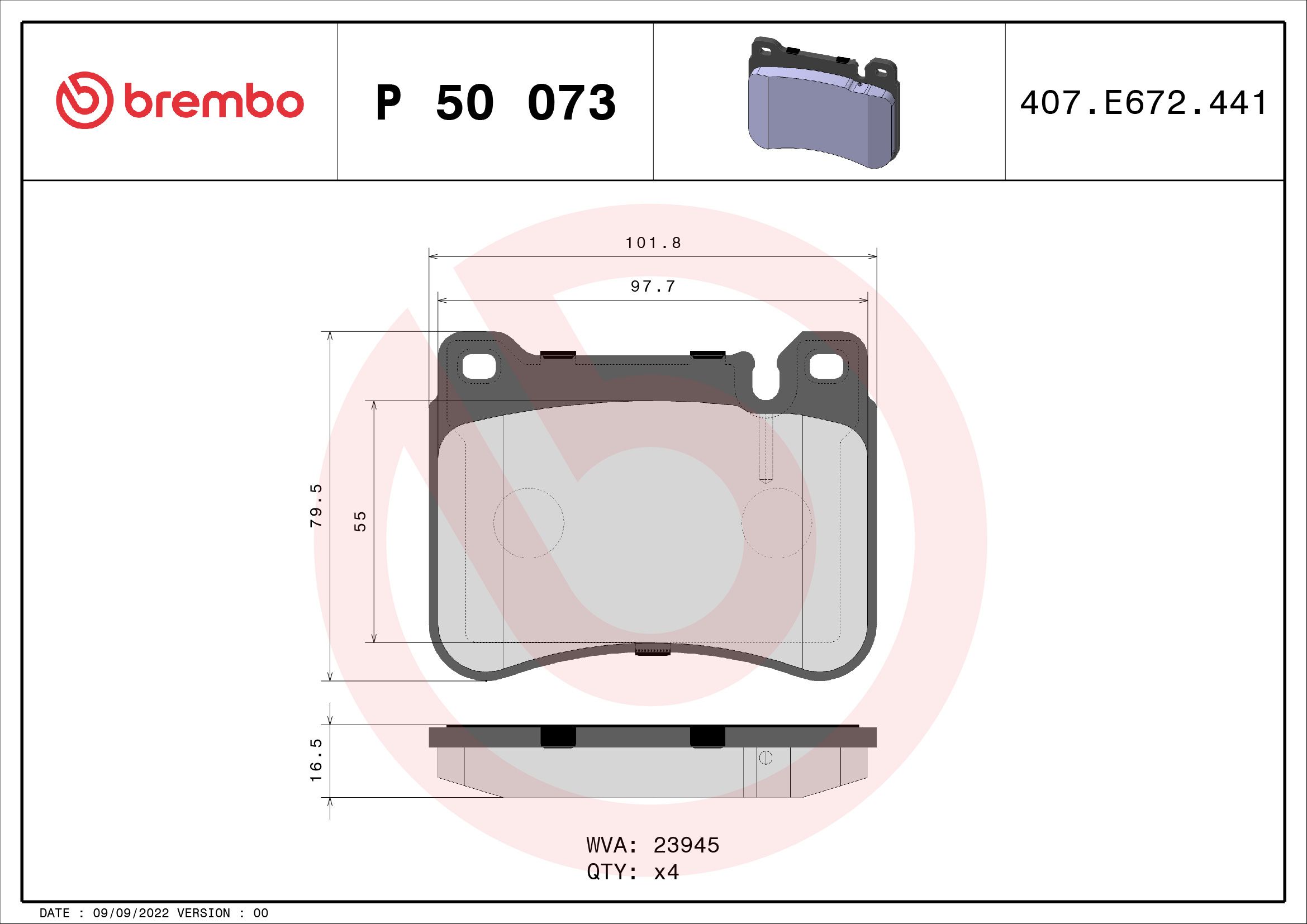 BREMBO P 50 073 - Bremsbelagsatz, Scheibenbremse PRIME LINE
