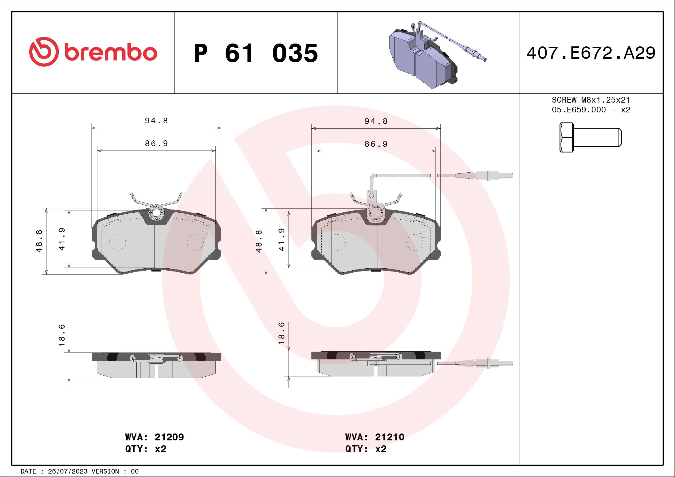 Комплект тормозных колодок, дисковый тормоз P 61 035