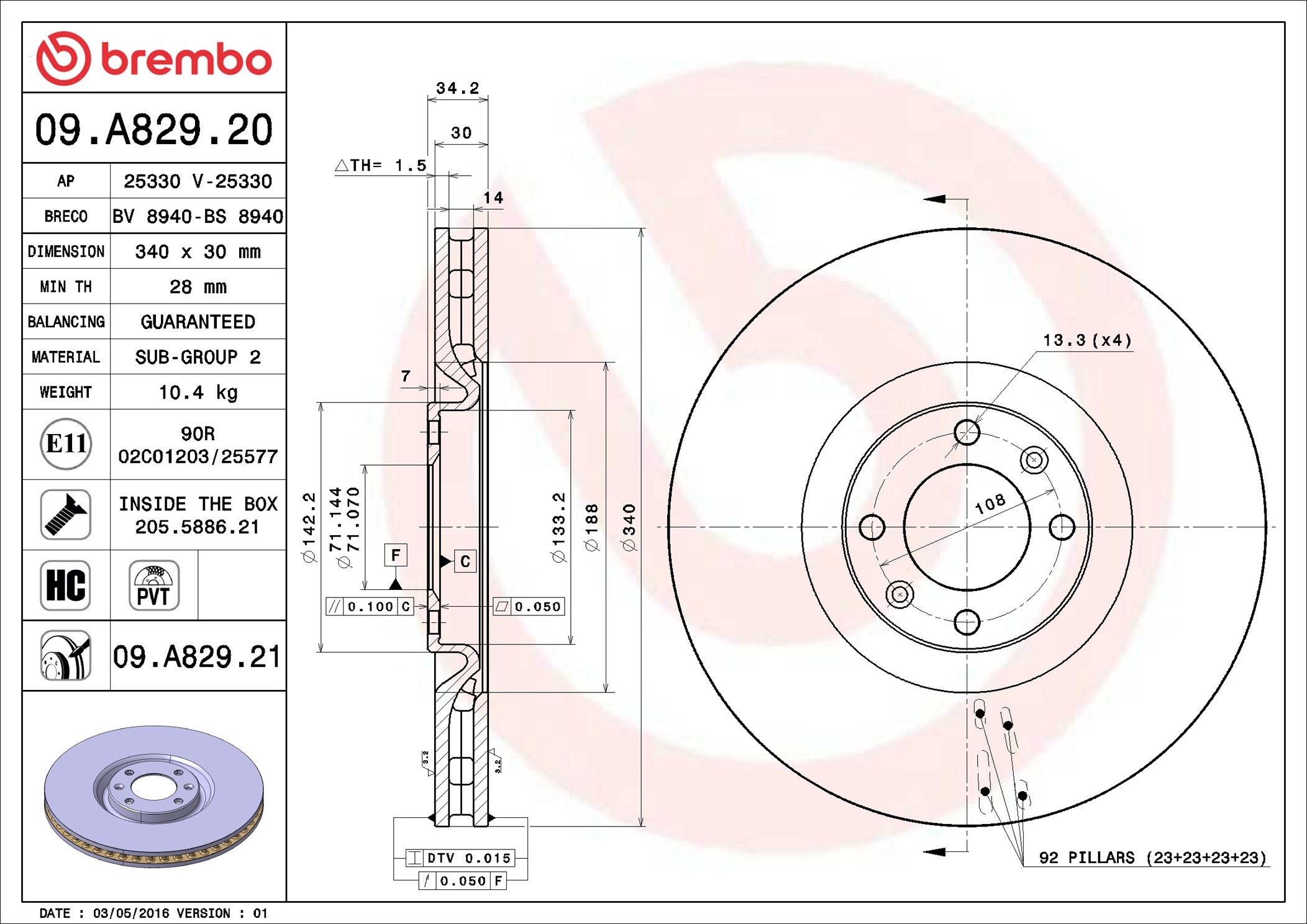 09.A829.21 BREMBO PRIME LINE - UV Coated féktárcsa