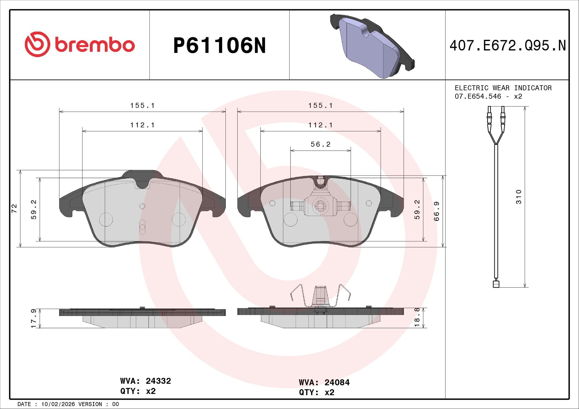 BREMBO DISC PAD -  PEUGEOT 508 1.6T 11-15 (FRT) *2 W/Sensor - TecDoc Only