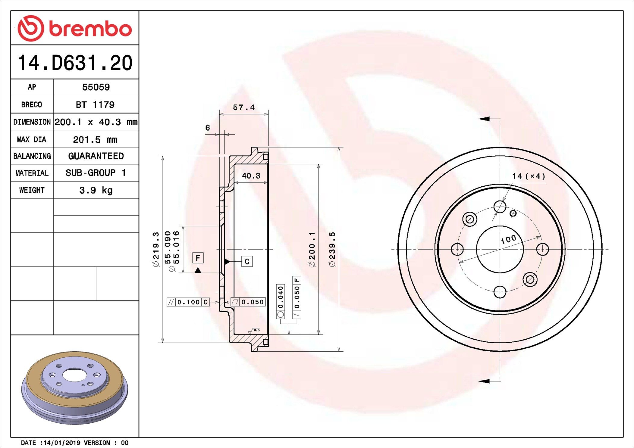 14.D631.20 BREMBO ESSENTIAL LINE fékdob